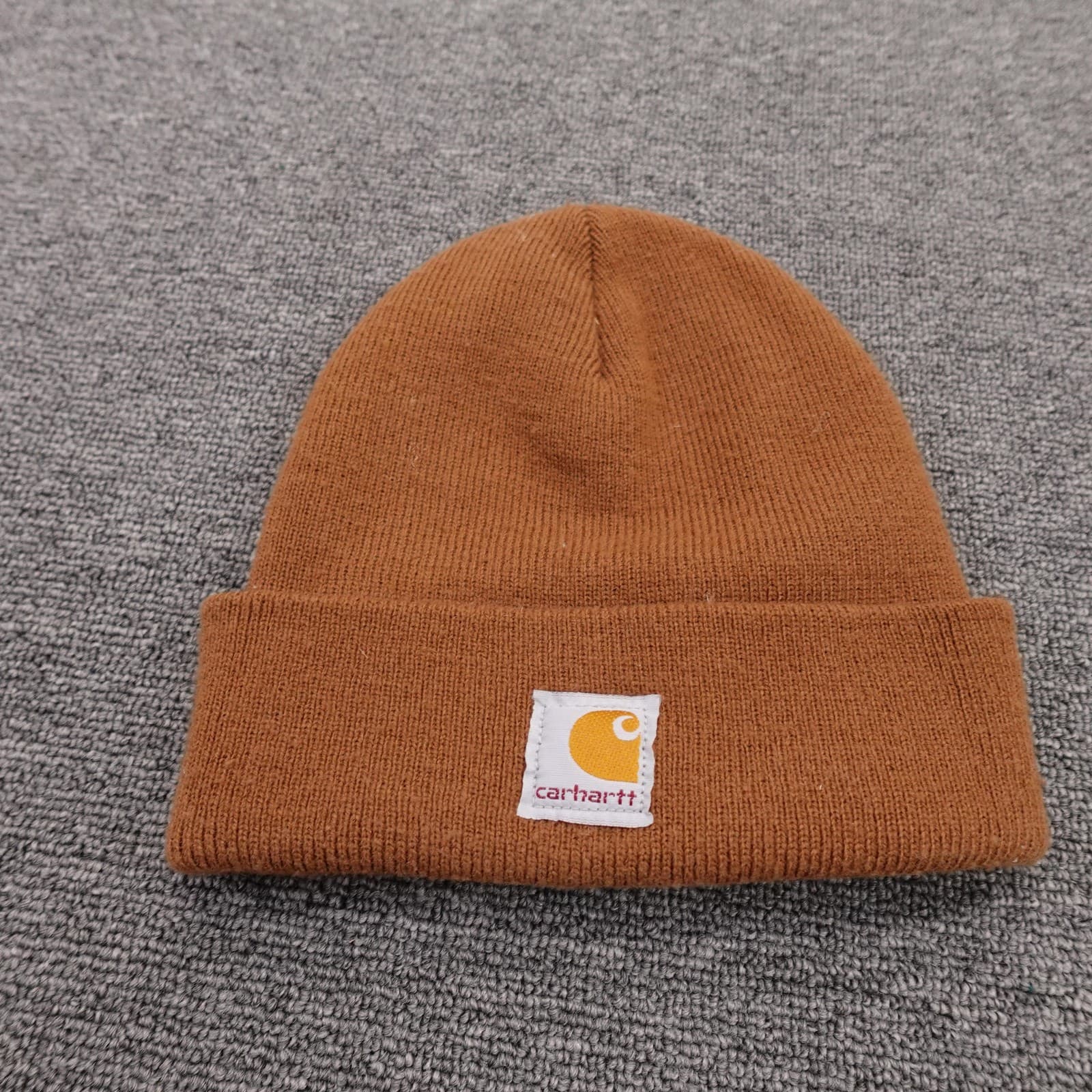 Carhartt Hat Beanie Cuffed Knit Youth One Size Brown Logo Winter Workwear Boys