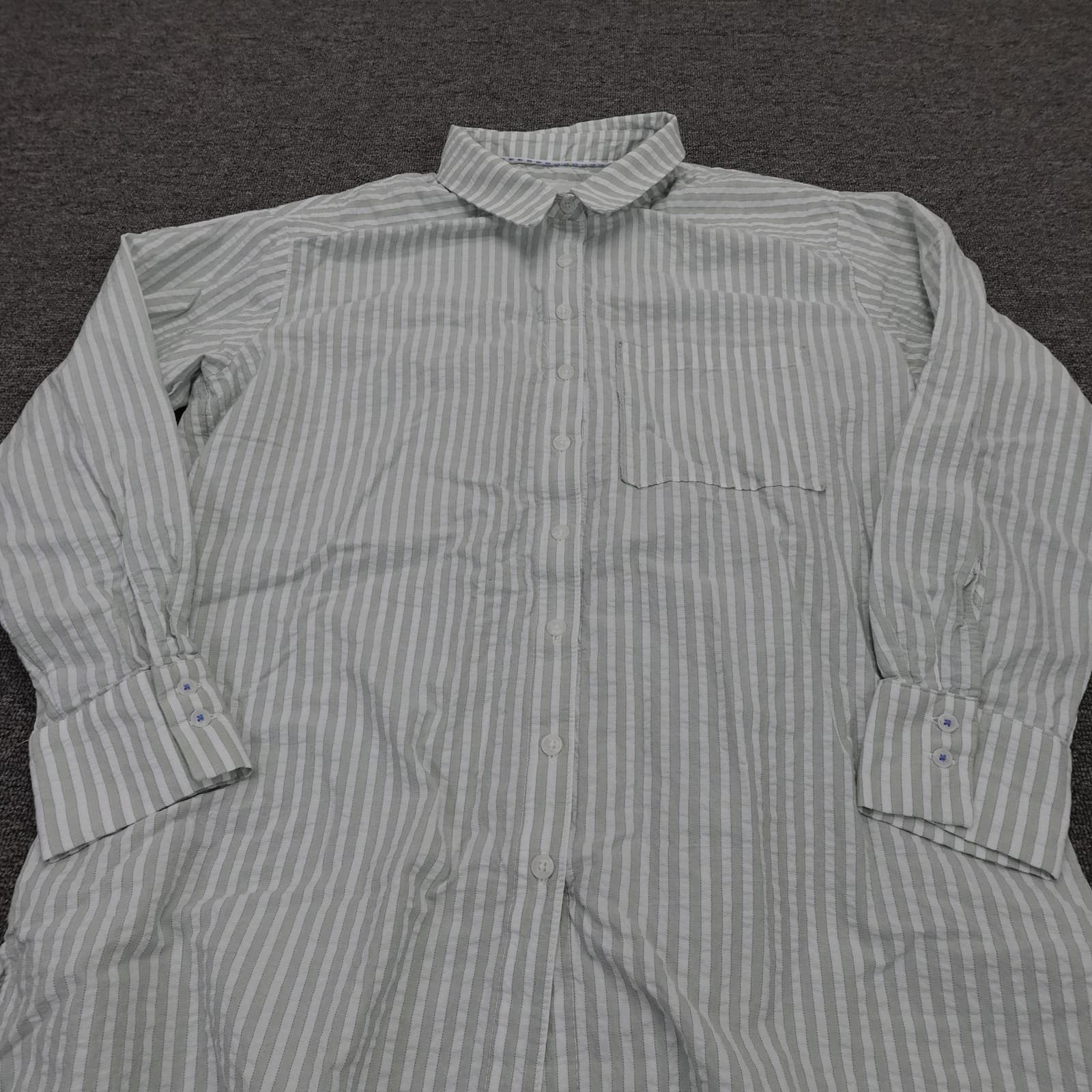 Anthropologie Shirt Dress Womens Medium Green Striped Long Sleeve Button Front - Thumbnail 2