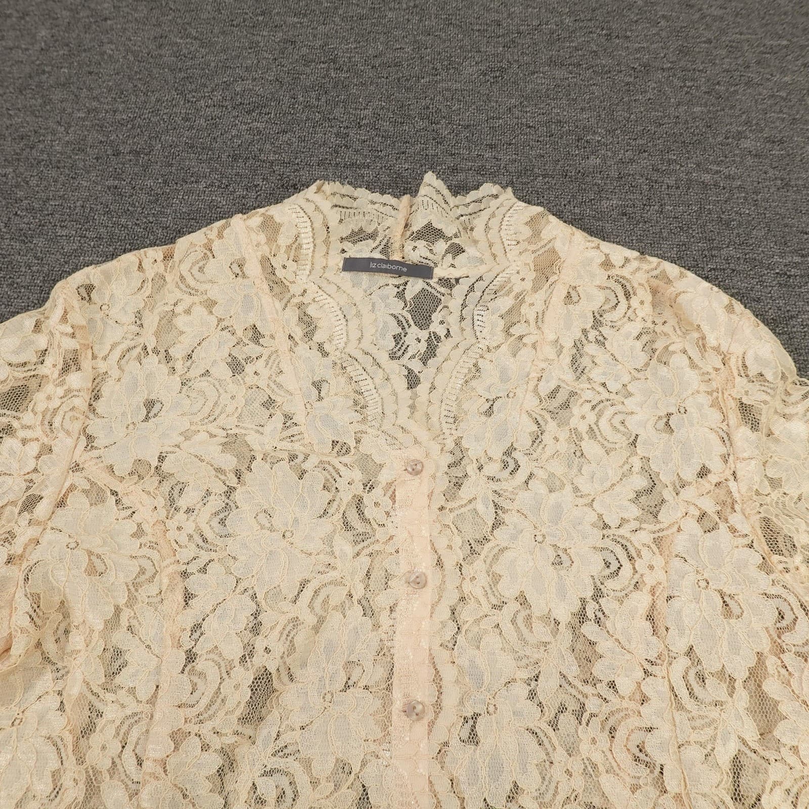 Vintage Liz Claiborne Blouse 12 White Ivory Floral Lace Sheer Artsy Y2K Top - Thumbnail 2
