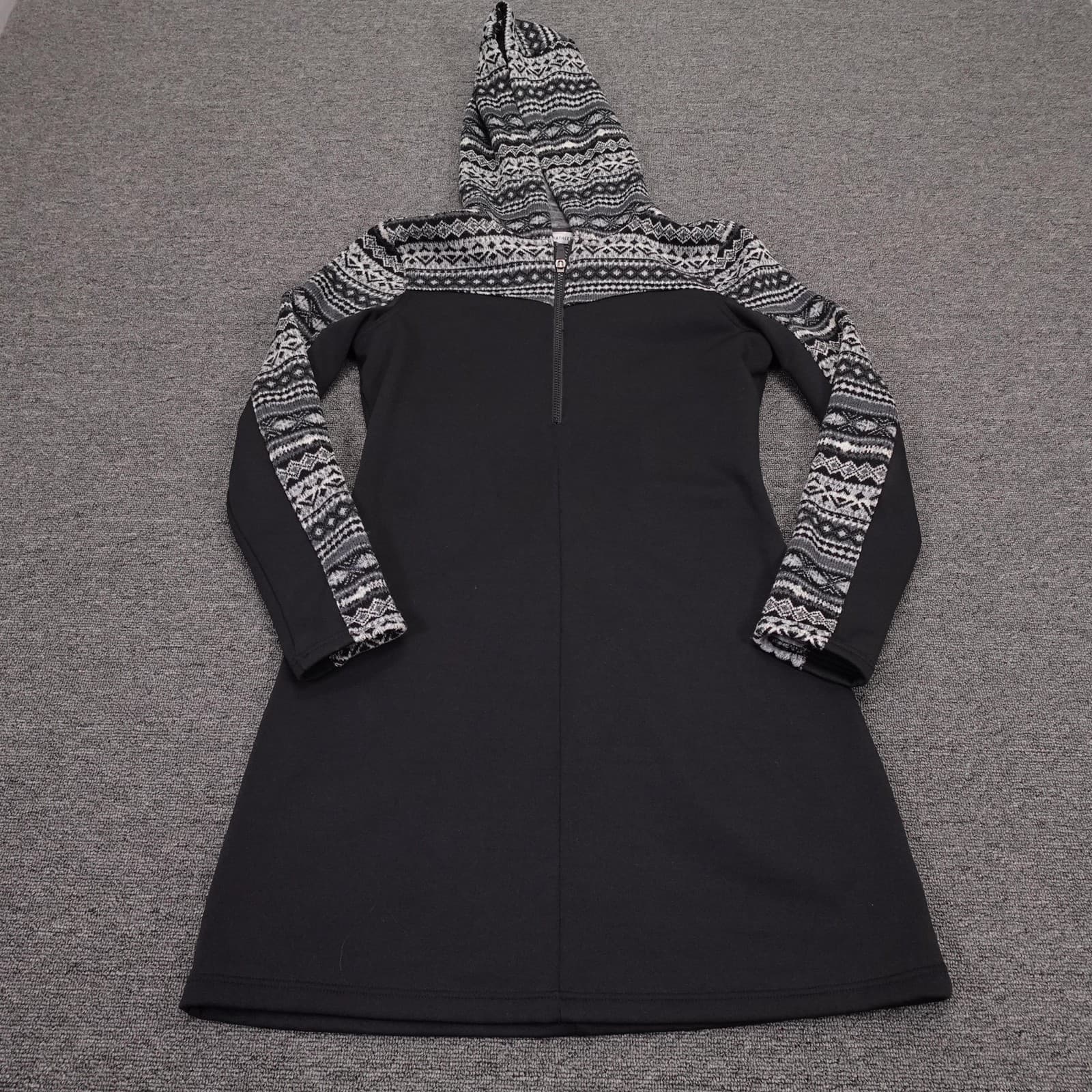 Athleta Sweater Dress Womens Small Black Fair Isle Hooded Fleece 1/4 Zip