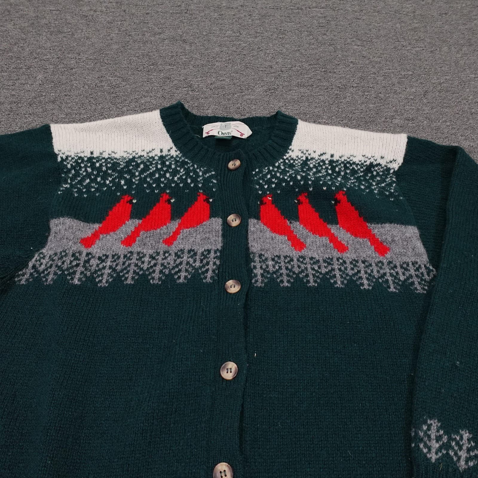 Vintage Orvis Sweater Womens XL Green Wool Fair Isle Cardinal Bird Knit Cardigan - Thumbnail 2
