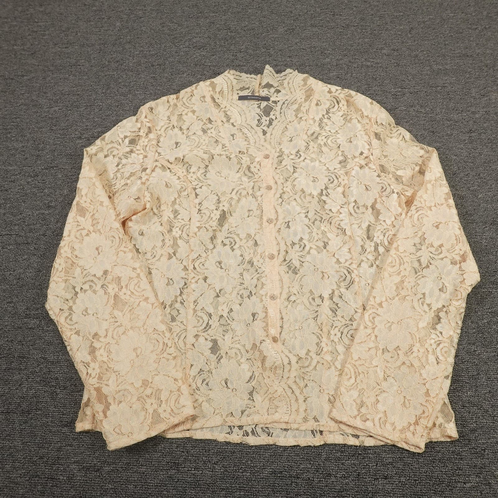 Vintage Liz Claiborne Blouse 12 White Ivory Floral Lace Sheer Artsy Y2K Top