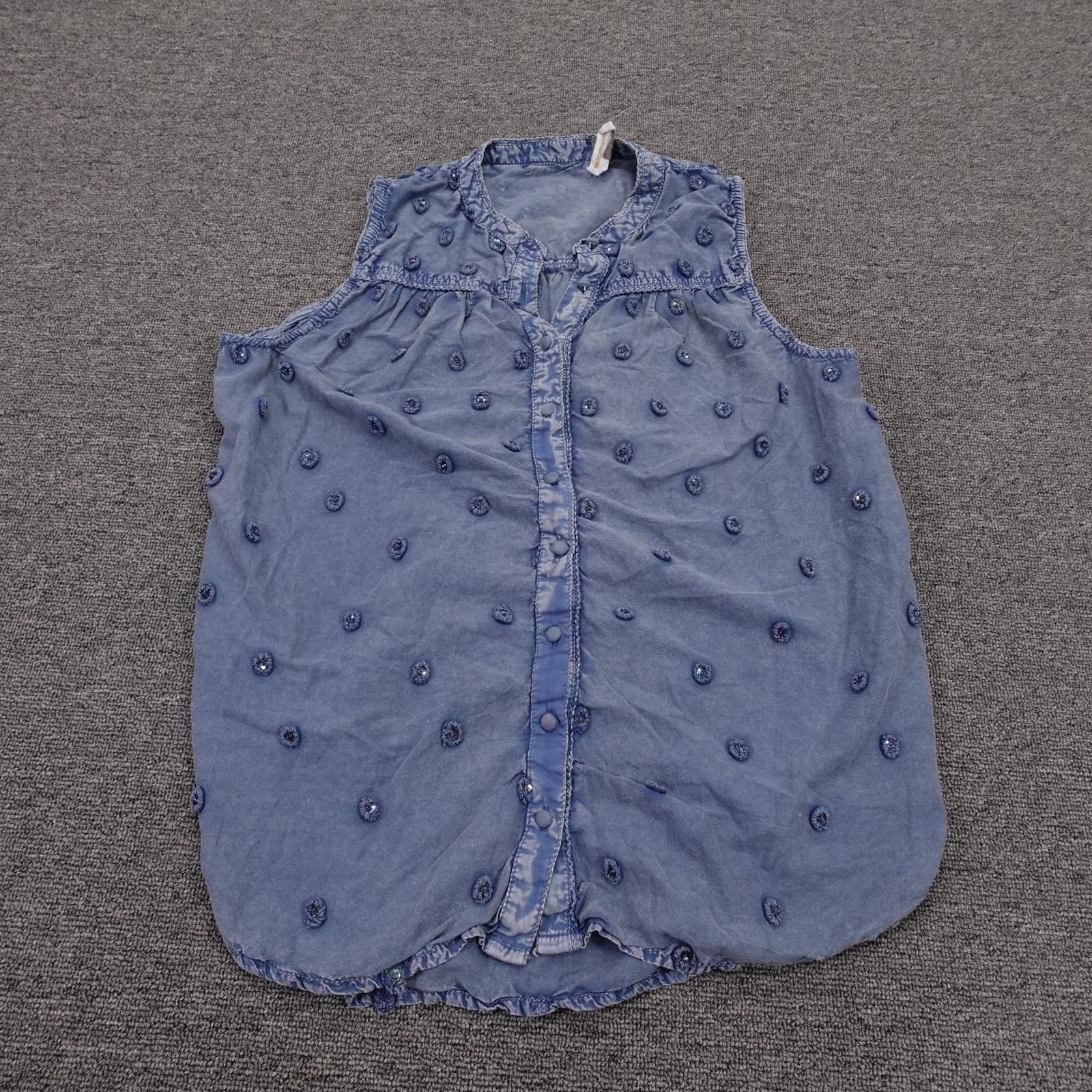 Pilcro Blouse Womens M Blue V Neck Sleeveless Embroidered Polka Dot Button Front