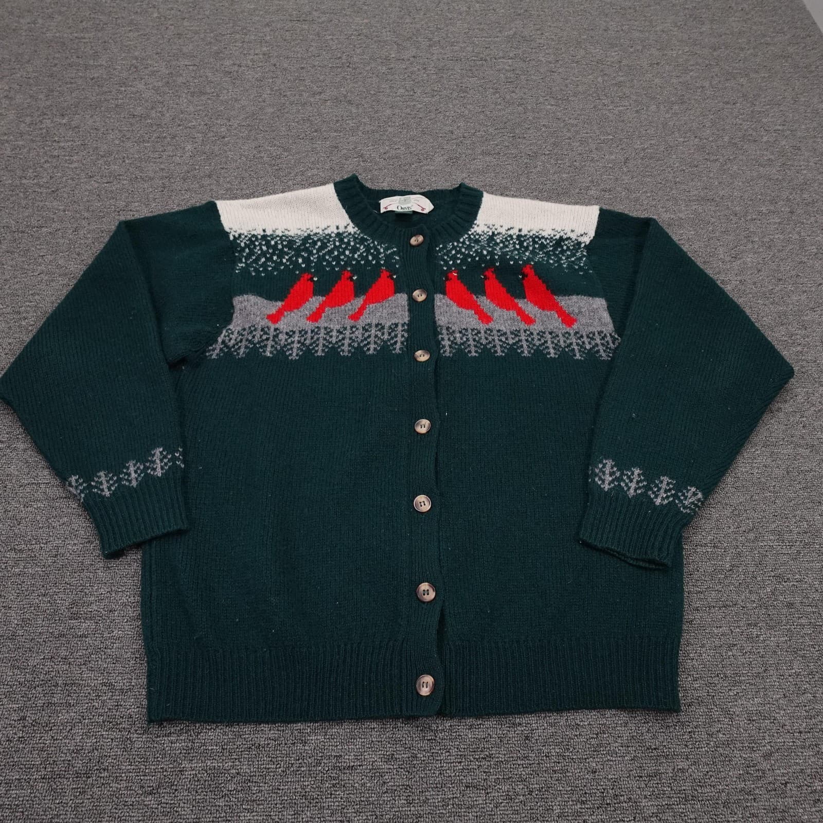 Vintage Orvis Sweater Womens XL Green Wool Fair Isle Cardinal Bird Knit Cardigan