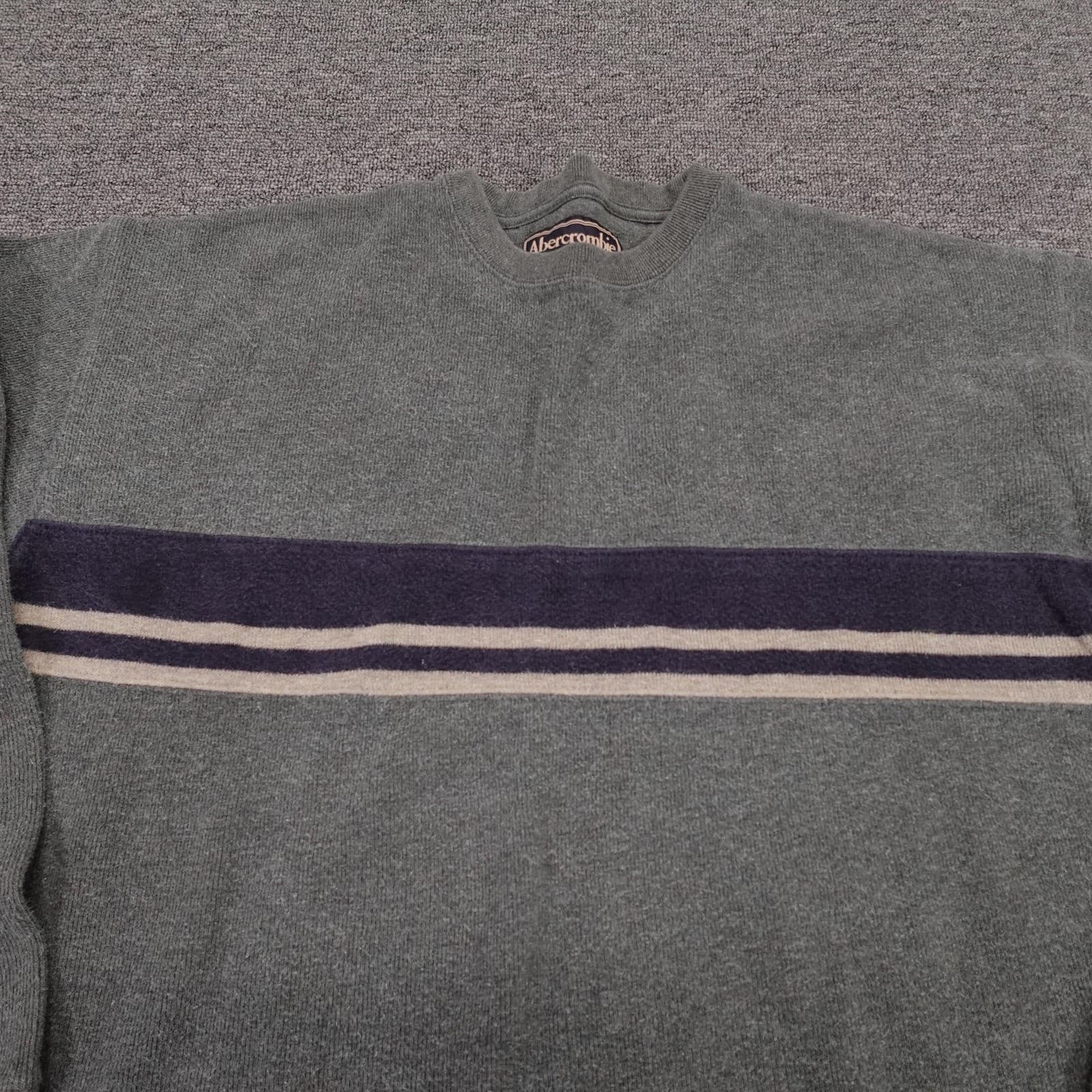 Vintage Abercrombie & Fitch Sweater Mens Medium Gray Stripe Crewneck Cotton Y2K - Thumbnail 2