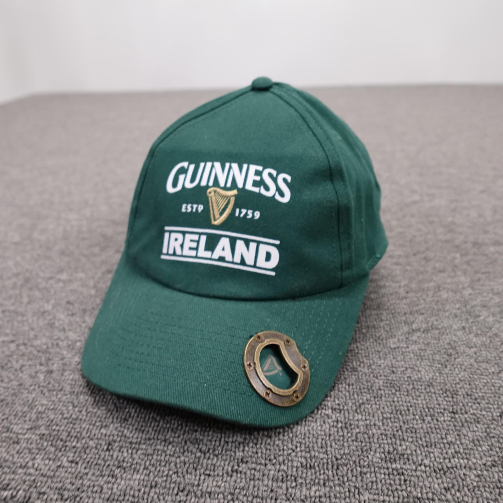 Guinness Hat Cap Strap Back Mens 7 3/8 Green Twill Baseball Ireland Beer Opener