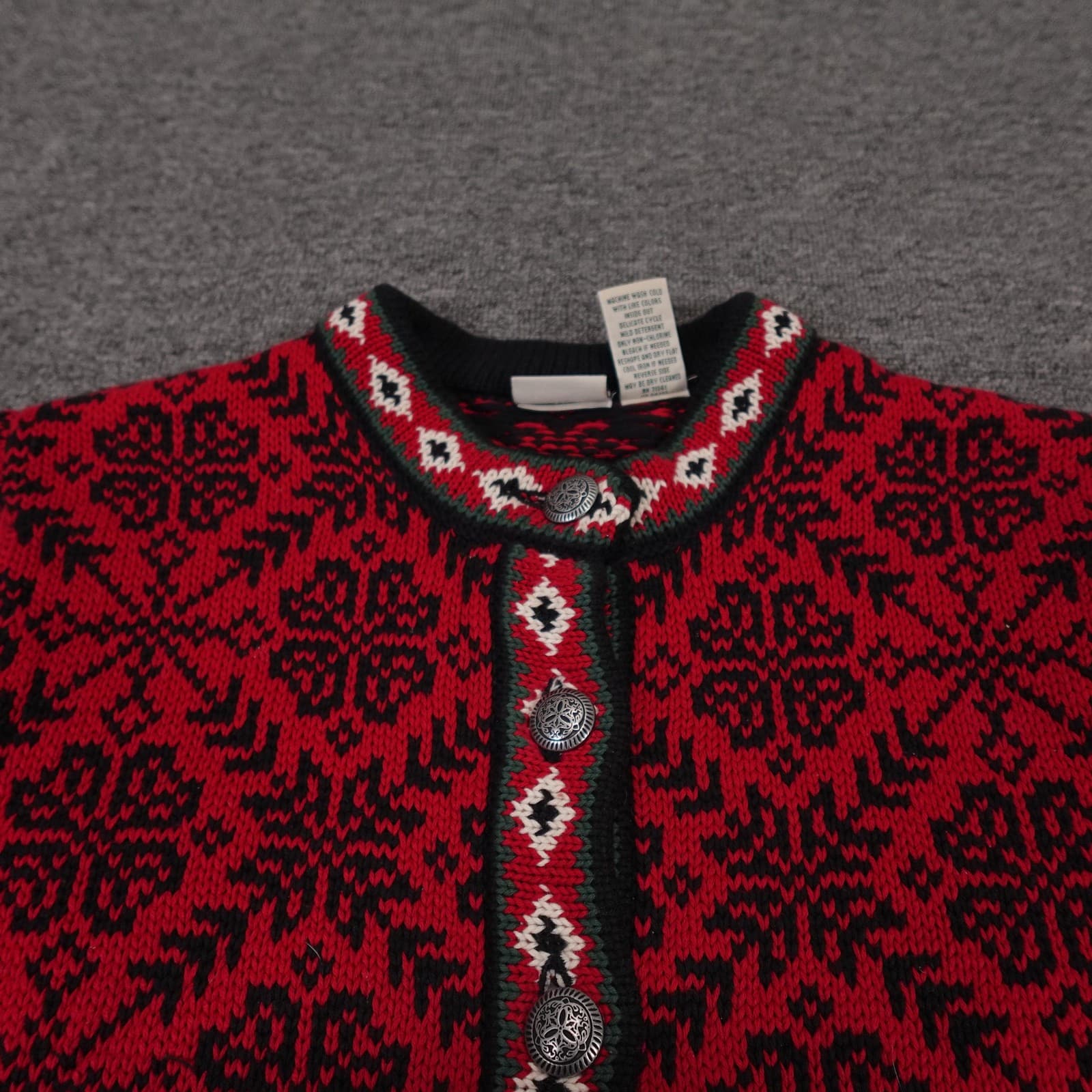 Vintage LL Bean Sweater Cardigan Womens XS Red Fair Isle Cotton Button Knit - Thumbnail 2