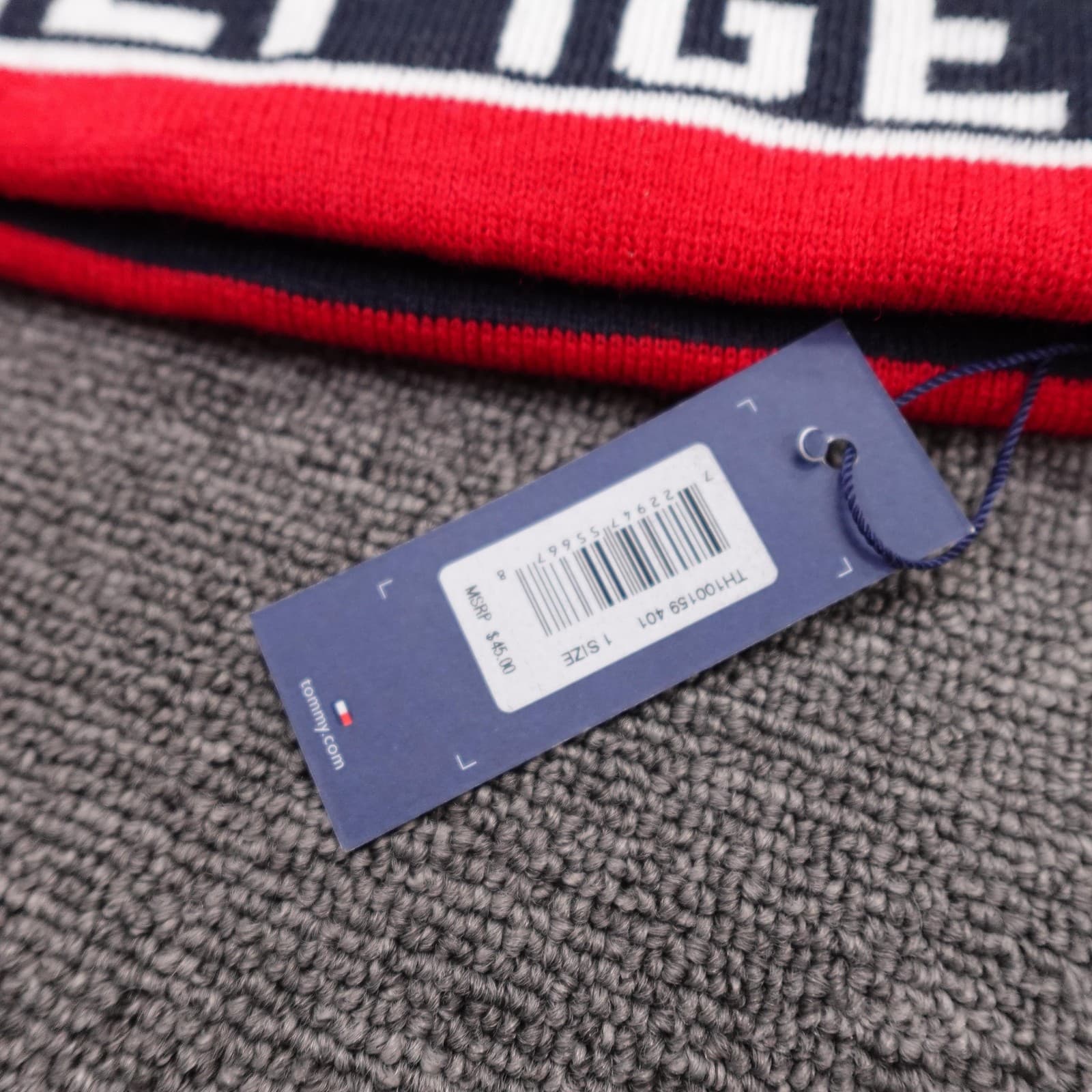 Tommy Hilfiger Hat Beanie Fitted Mens One Size Blue Red Stripe Logo Knit Winter - Thumbnail 3