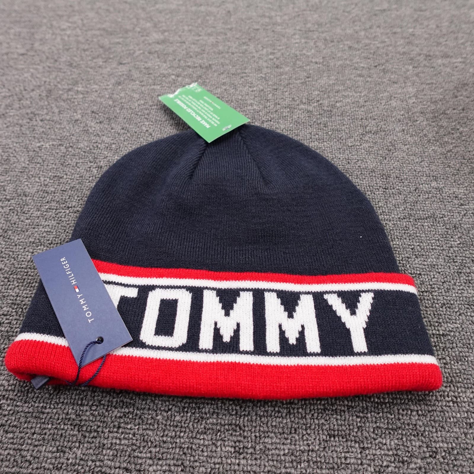 Tommy Hilfiger Hat Beanie Fitted Mens One Size Blue Red Stripe Logo Knit Winter - Thumbnail 4