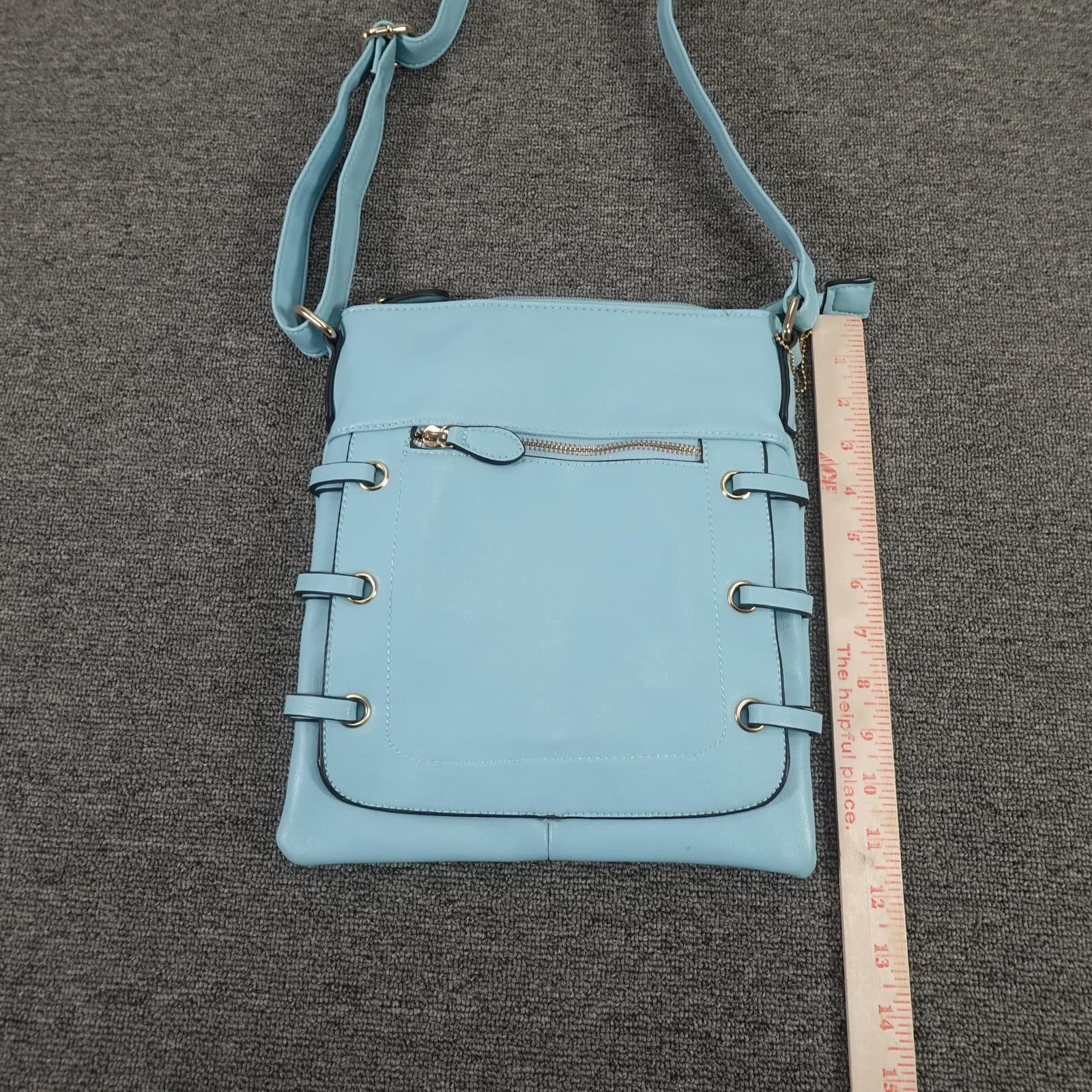 Crossbody Purse Bag Womens Medium Blue Faux Leather Zip Pocket Chevron Lining - Thumbnail 6
