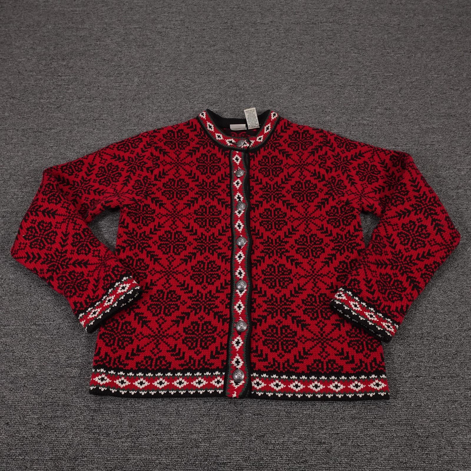 Vintage LL Bean Sweater Cardigan Womens XS Red Fair Isle Cotton Button Knit