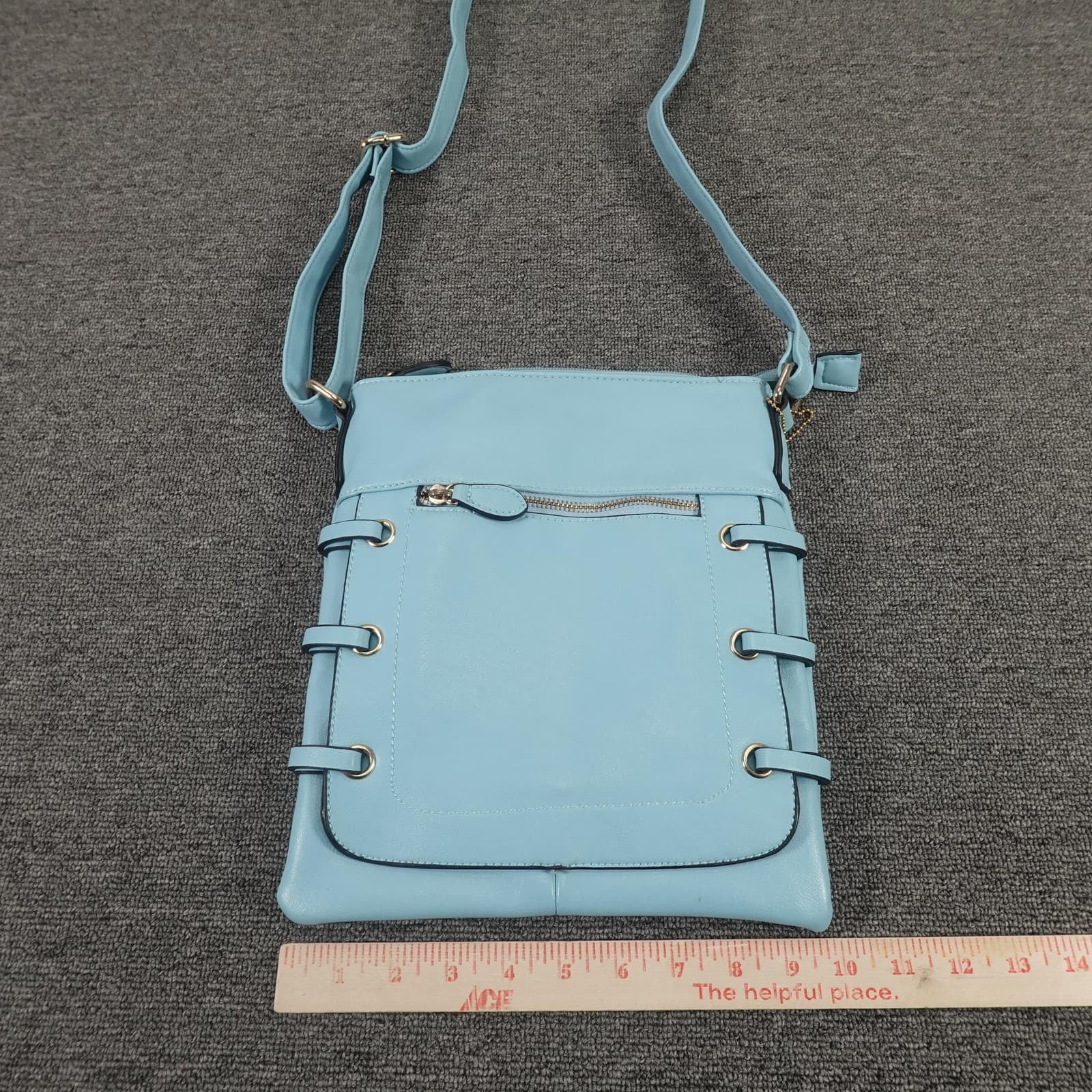 Crossbody Purse Bag Womens Medium Blue Faux Leather Zip Pocket Chevron Lining - Thumbnail 5