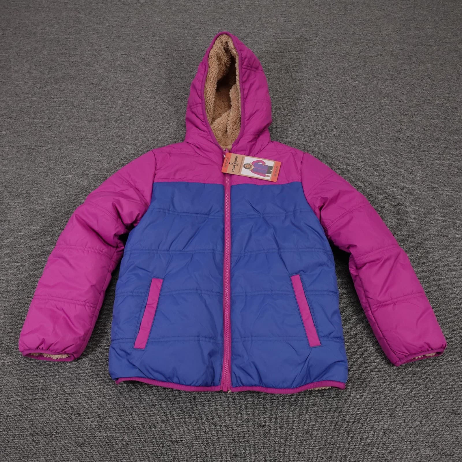 Eddie Bauer Jacket Youth Medium 10-12 Pink Blue Reversible Hooded Puffer Winter