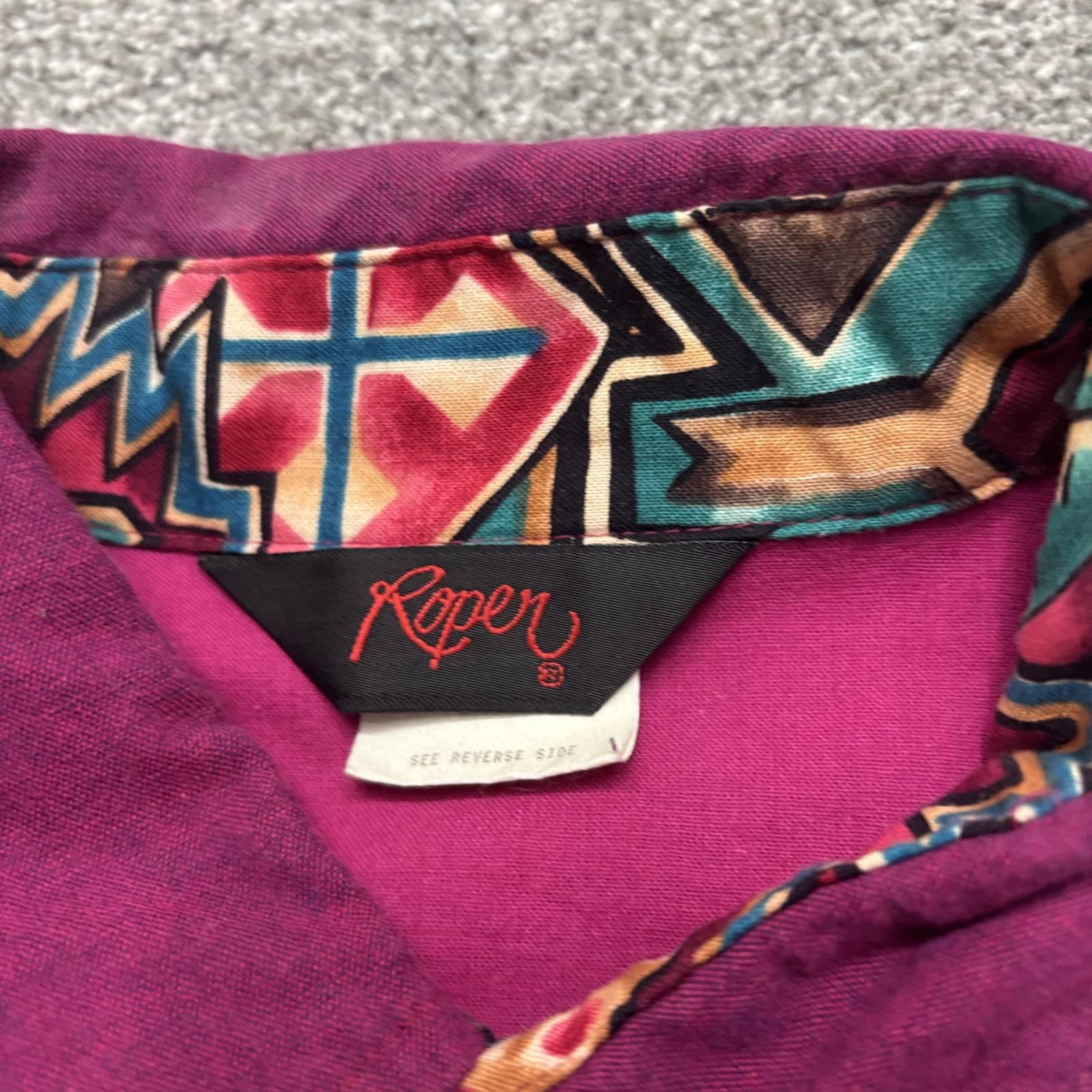 Vintage Roper Shirt Mens Large Purple Aztec Western Pullover Made USA 90s - Thumbnail 3