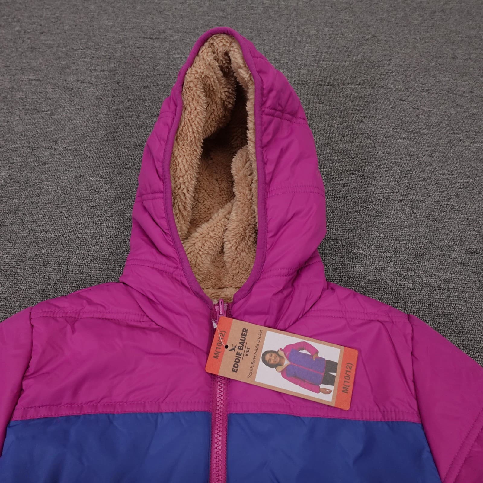 Eddie Bauer Jacket Youth Medium 10-12 Pink Blue Reversible Hooded Puffer Winter - Thumbnail 2