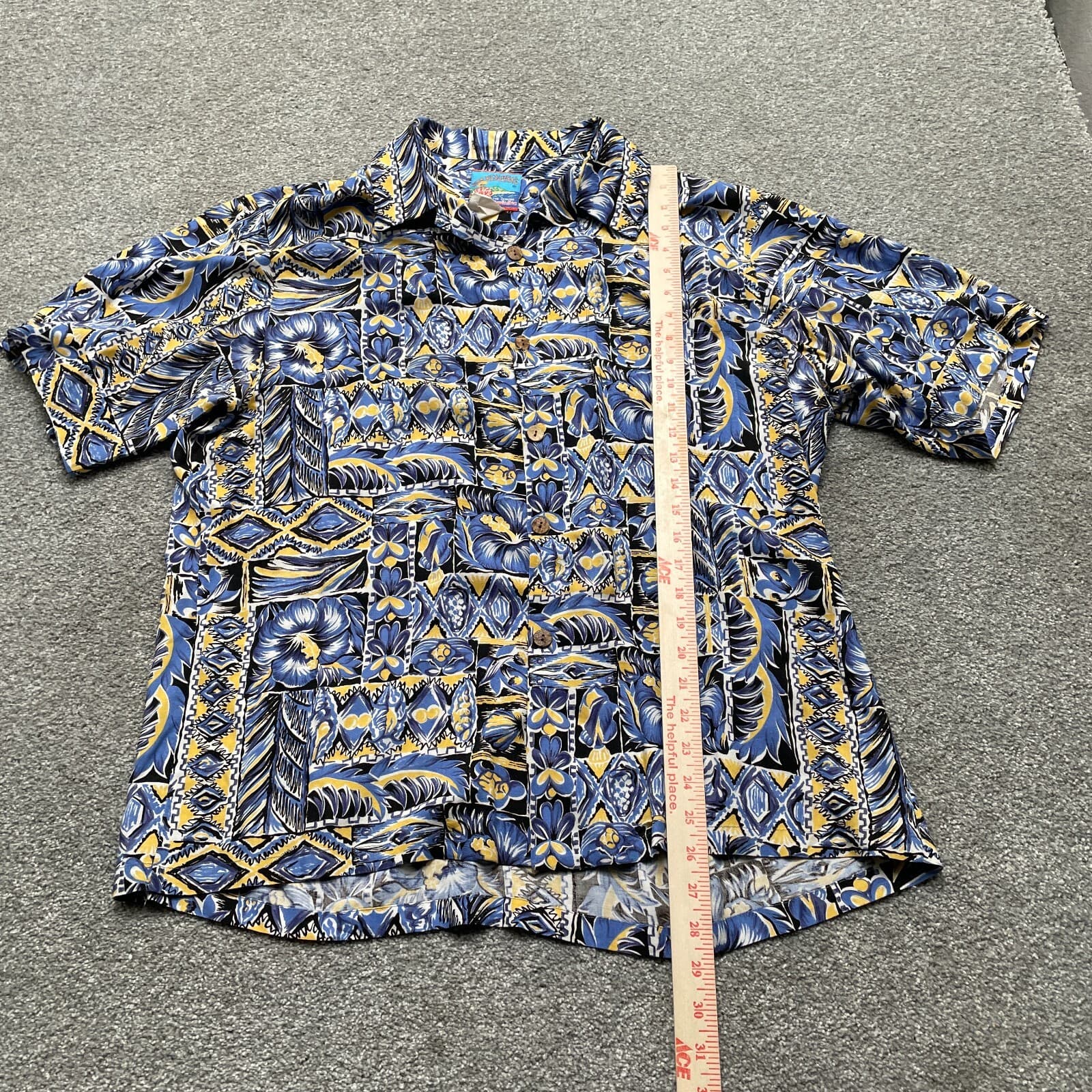VINTAGE Joe Kealoha Shirt Large Blue Yellow Abstract Print 80s 90s Rayon USA - Thumbnail 6