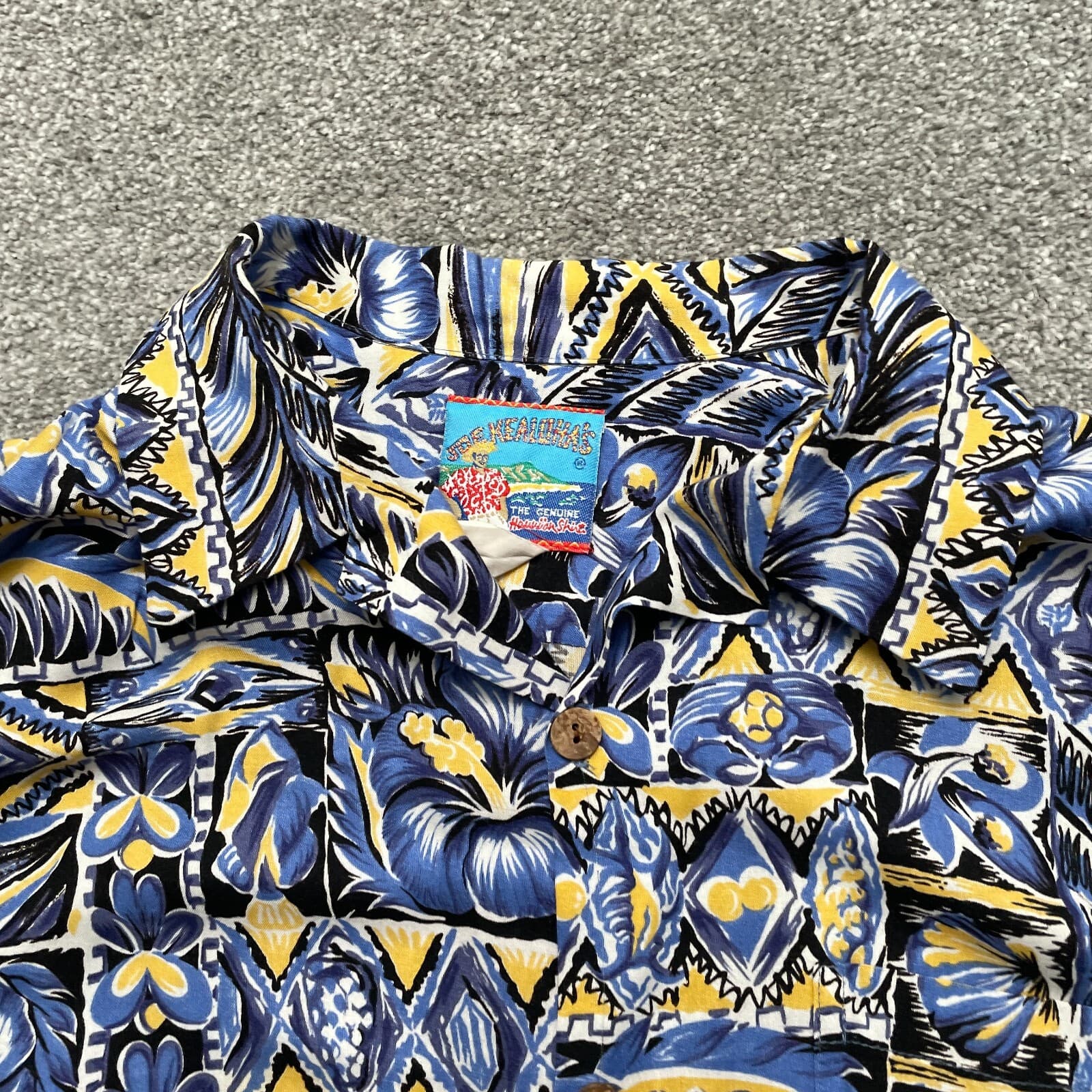 VINTAGE Joe Kealoha Shirt Large Blue Yellow Abstract Print 80s 90s Rayon USA - Thumbnail 2