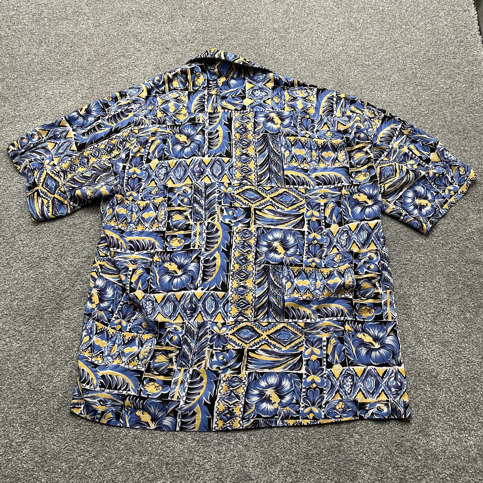 VINTAGE Joe Kealoha Shirt Large Blue Yellow Abstract Print 80s 90s Rayon USA - Thumbnail 8