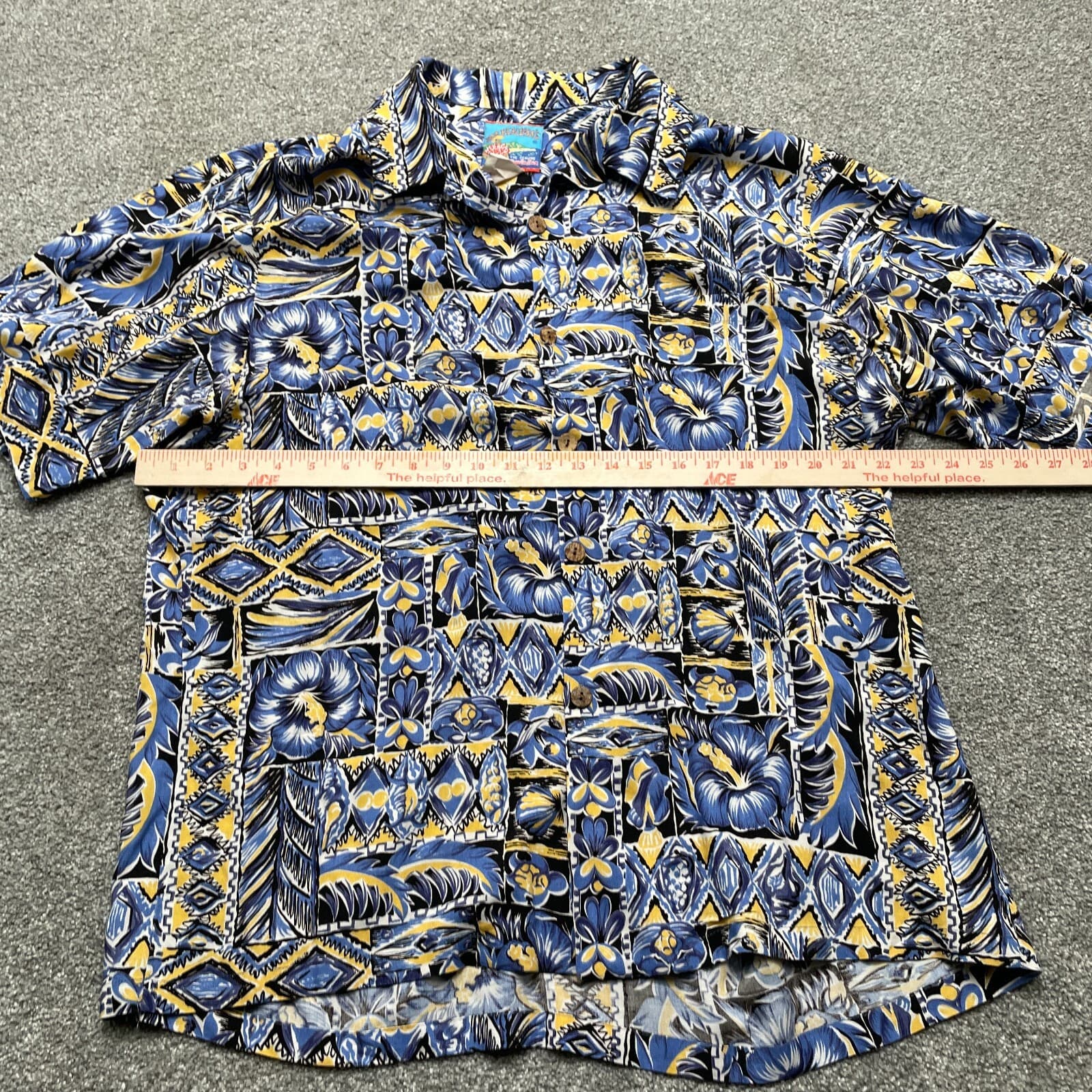 VINTAGE Joe Kealoha Shirt Large Blue Yellow Abstract Print 80s 90s Rayon USA - Thumbnail 4