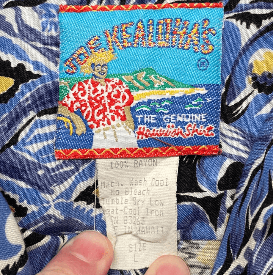 VINTAGE Joe Kealoha Shirt Large Blue Yellow Abstract Print 80s 90s Rayon USA - Thumbnail 3