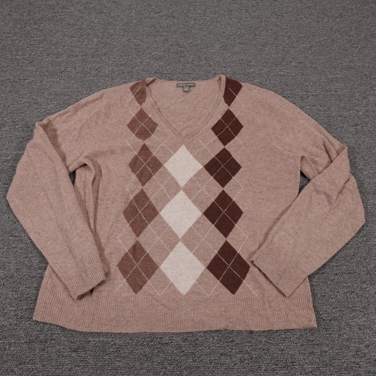 Apt. 9 Sweater Mens XL Beige Argyle V Neck 100% Cashmere Knit Pullover Soft