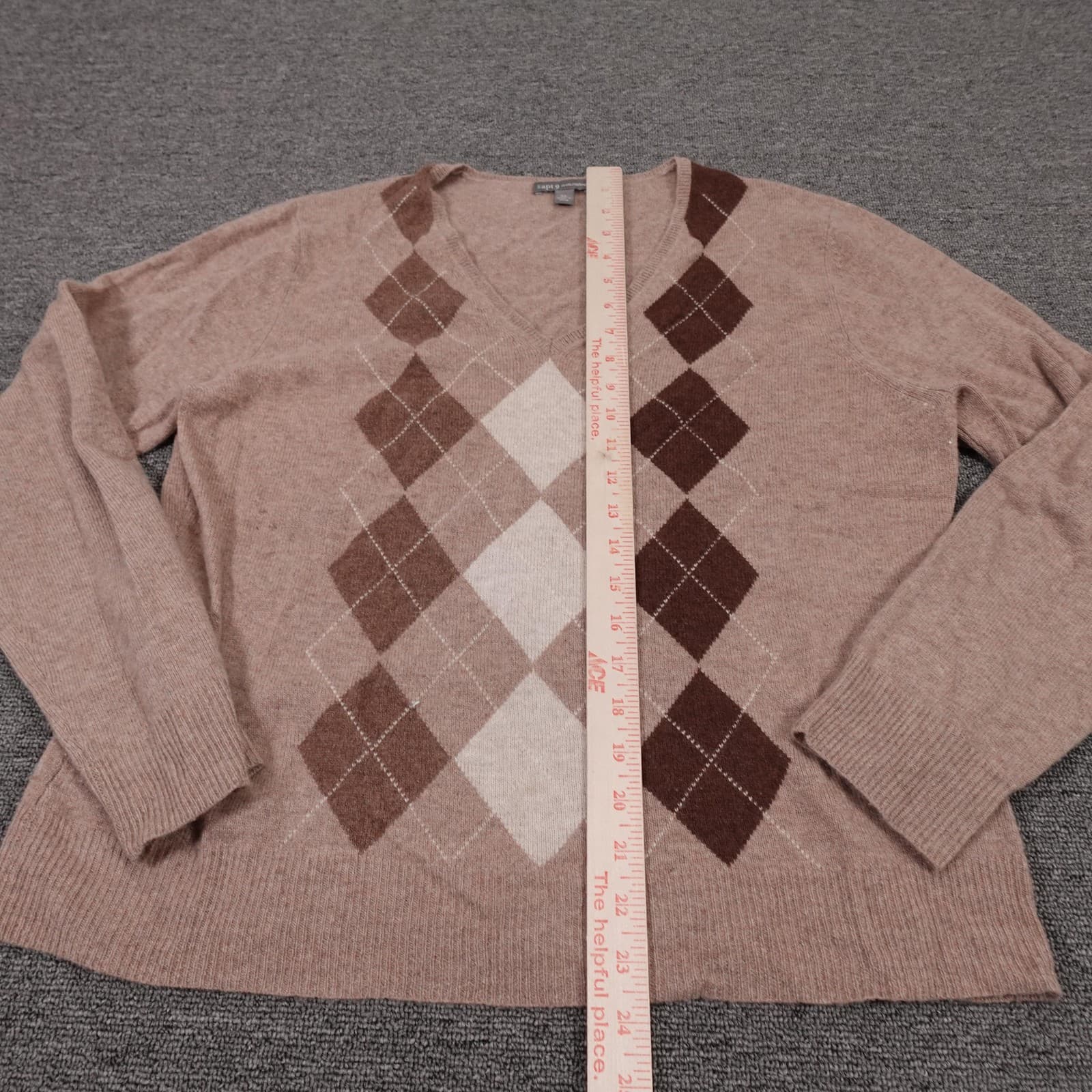 Apt. 9 Sweater Mens XL Beige Argyle V Neck 100% Cashmere Knit Pullover Soft - Thumbnail 6