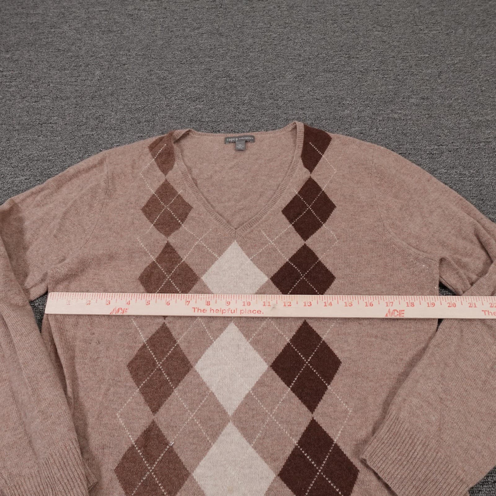 Apt. 9 Sweater Mens XL Beige Argyle V Neck 100% Cashmere Knit Pullover Soft - Thumbnail 4