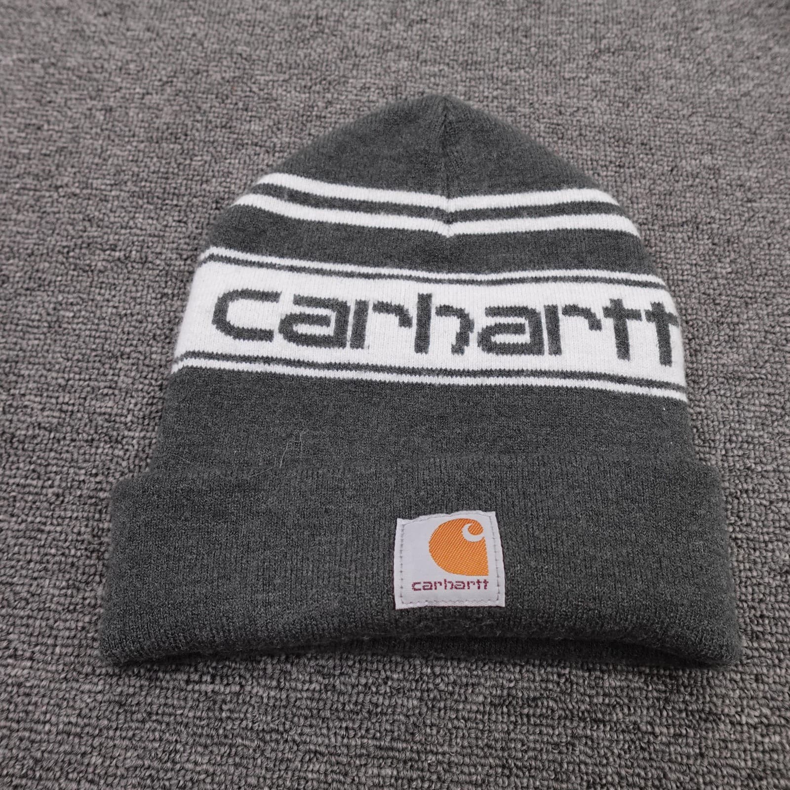 Carhartt Hat Beanie Cuffed Knit Youth One Size Gray Stripe Logo Winter Boys
