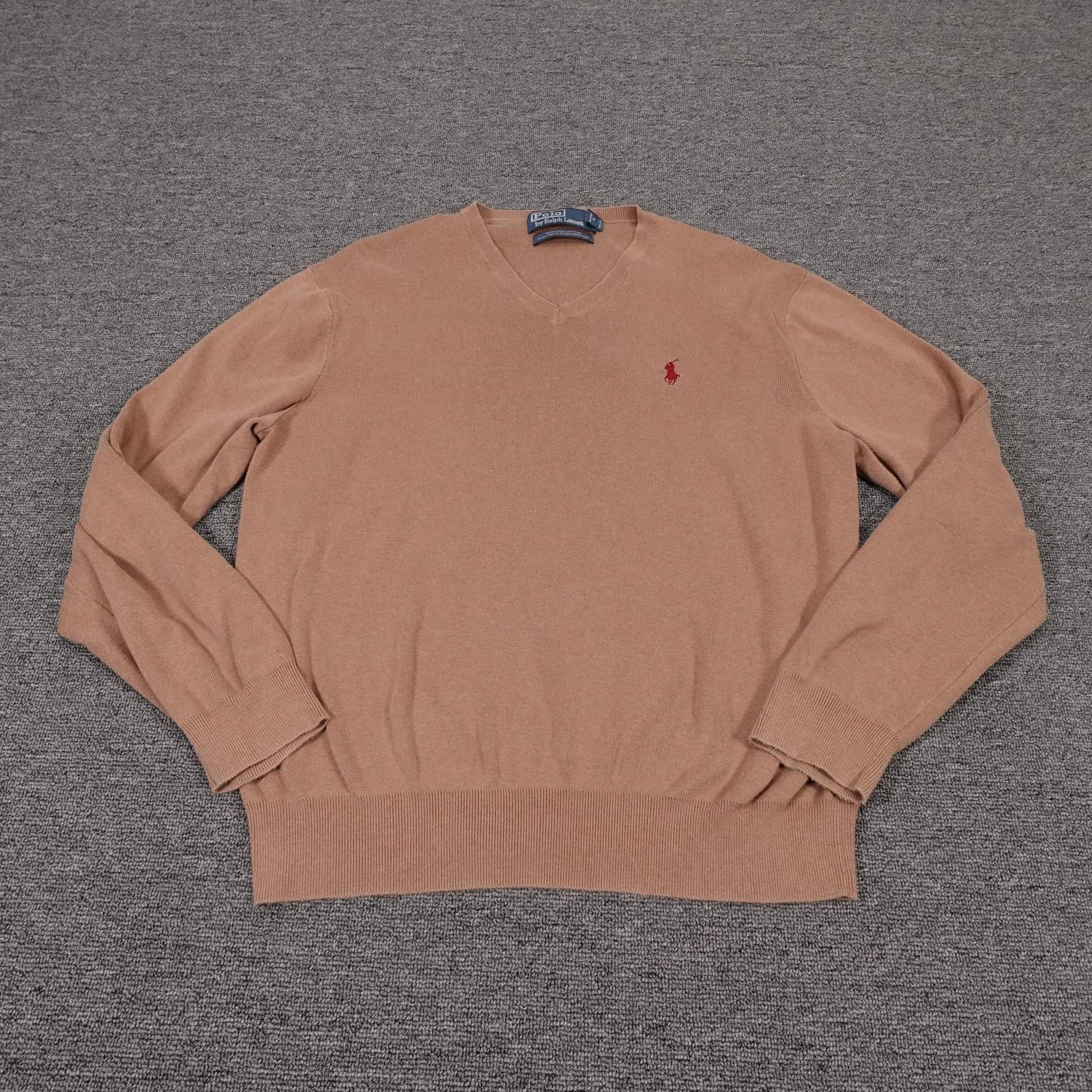 Polo By Ralph Lauren Sweater Mens Large Beige V Neck Pima Cotton Pullover Knit