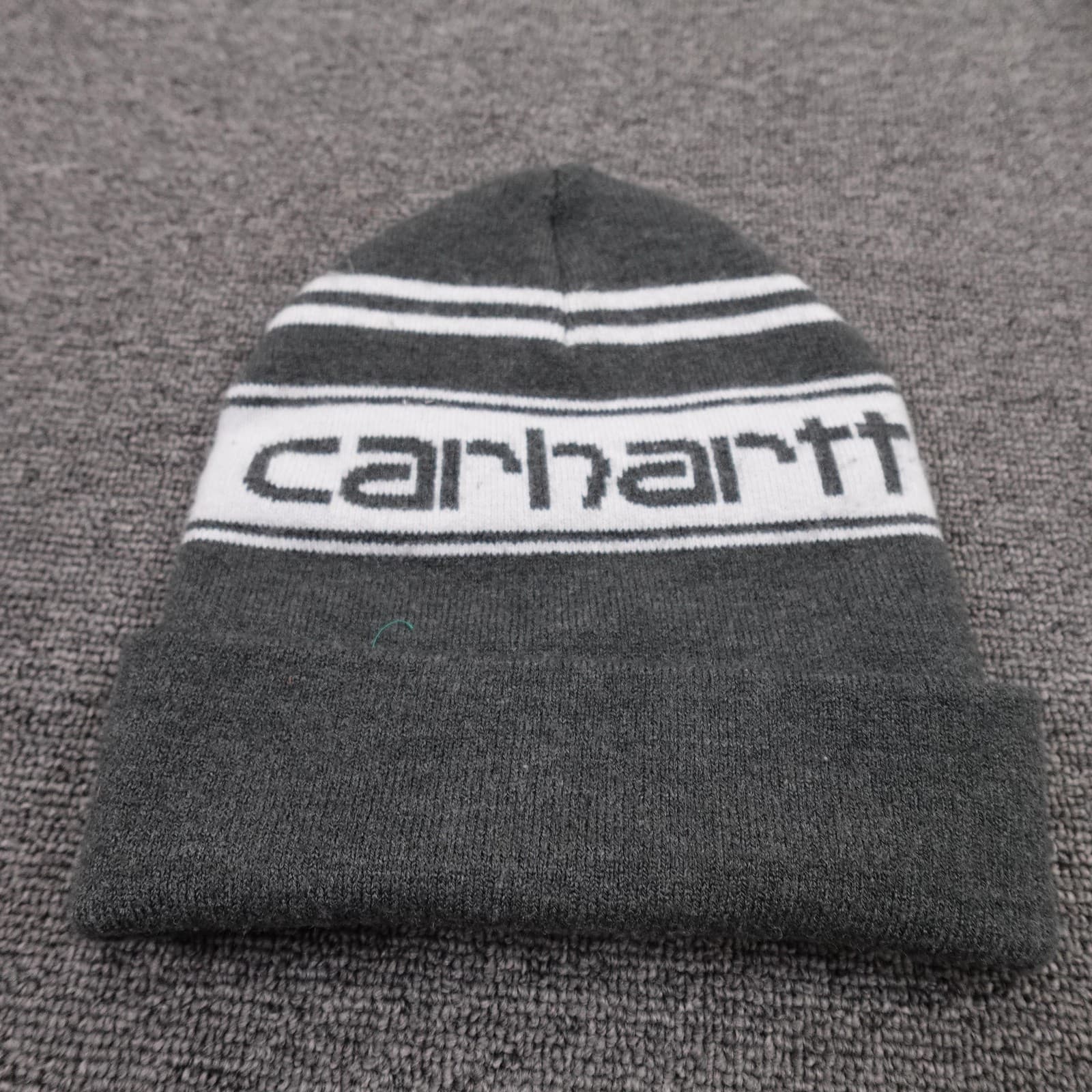 Carhartt Hat Beanie Cuffed Knit Youth One Size Gray Stripe Logo Winter Boys - Thumbnail 3