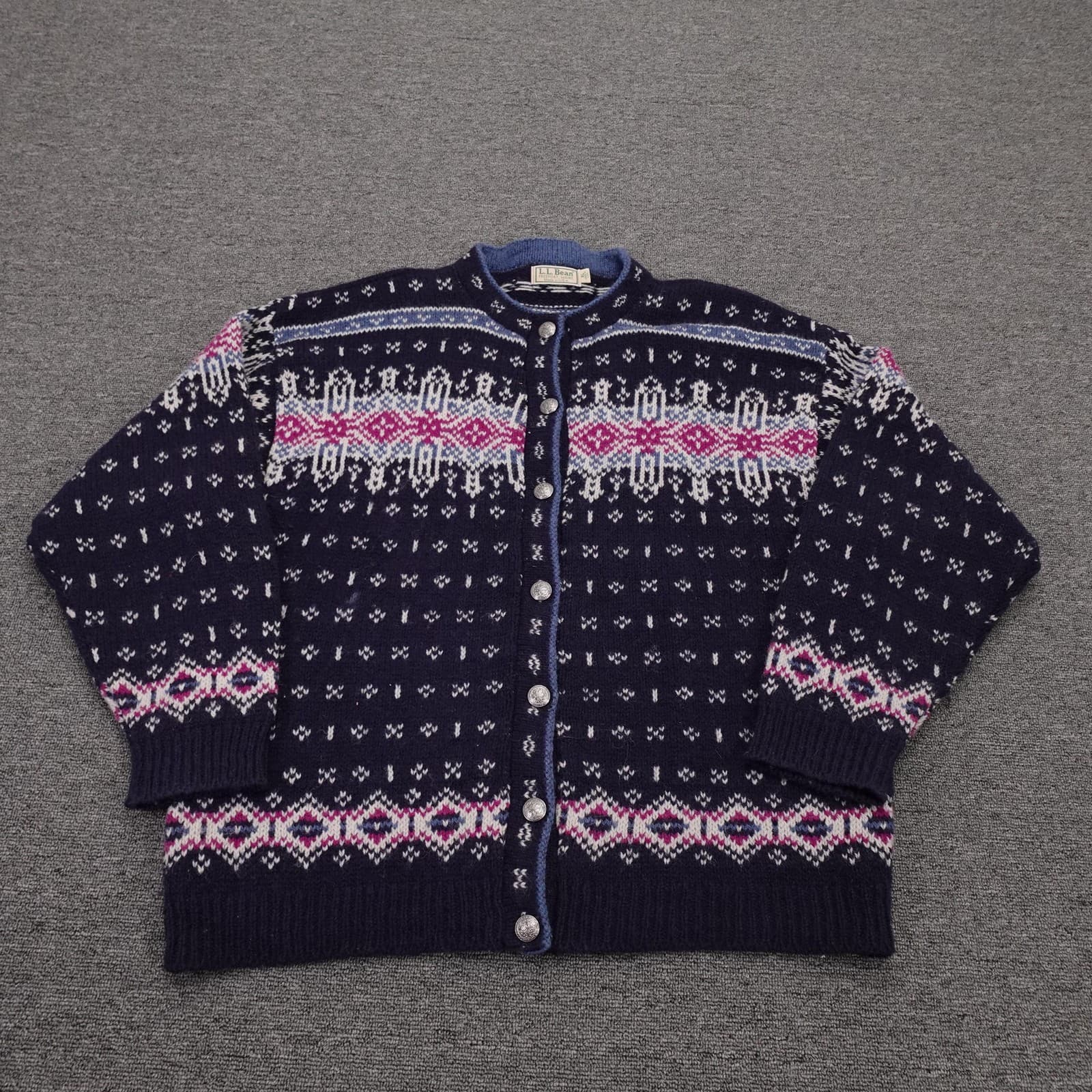 Vintage LL Bean Sweater Cardigan Womens XL Blue Fair Isle Wool Knit USA 90s