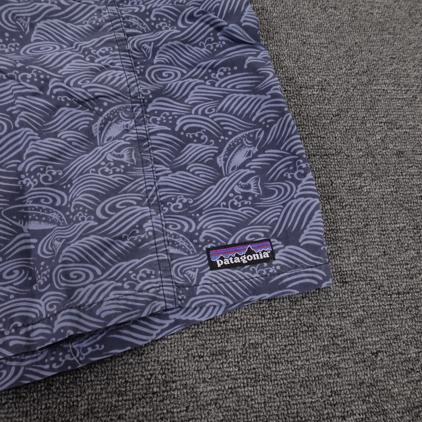VINTAGE Patagonia Shorts Large Blue Fish All Over Print Mesh Belted Swim Trunks - Thumbnail 2