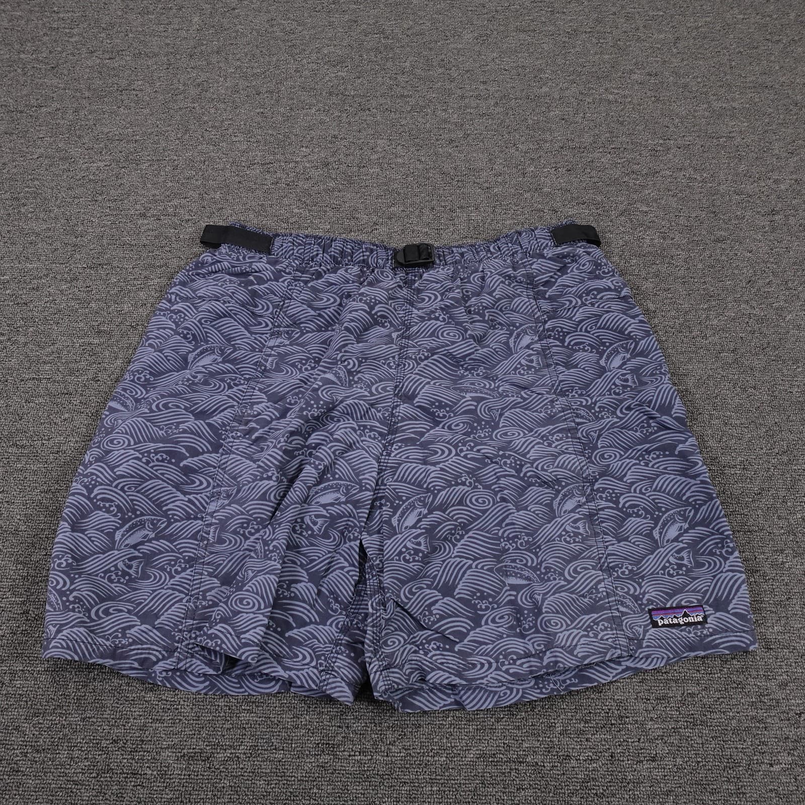 VINTAGE Patagonia Shorts Large Blue Fish All Over Print Mesh Belted Swim Trunks