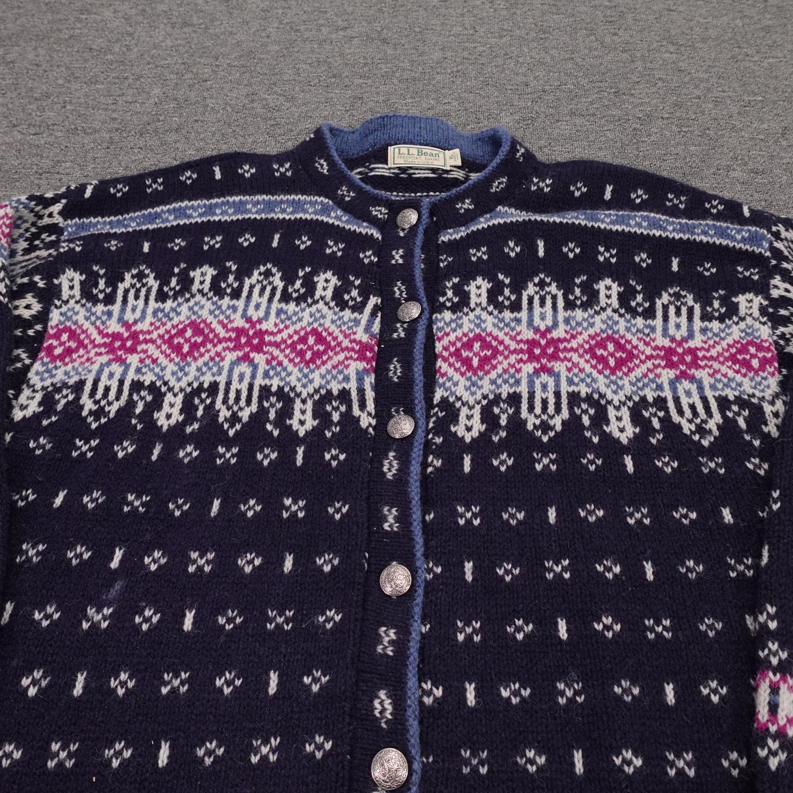 Vintage LL Bean Sweater Cardigan Womens XL Blue Fair Isle Wool Knit USA 90s - Thumbnail 2