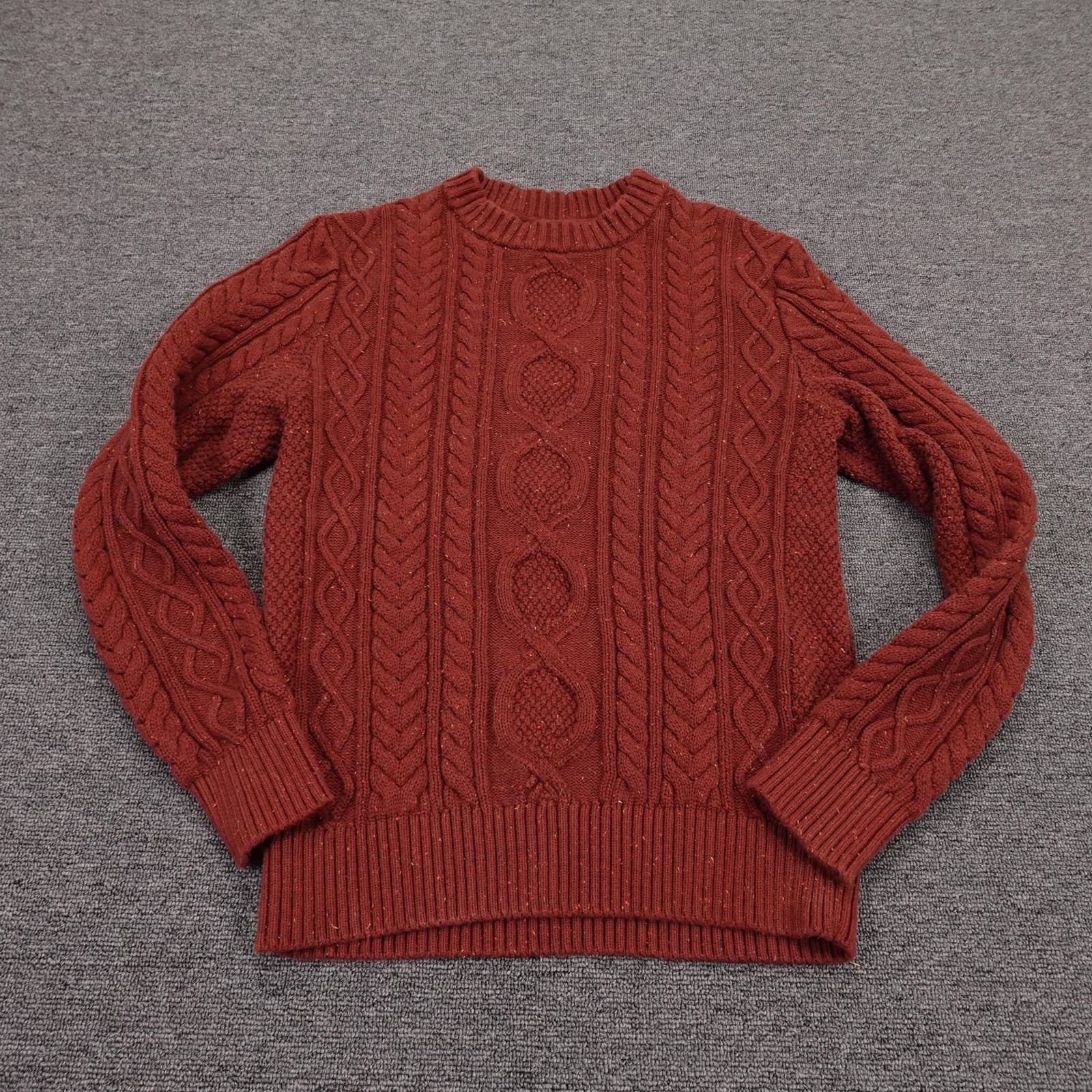 LL Bean Sweater Mens Small Brown Cable Knit Organic Cotton Crewneck Fisherman