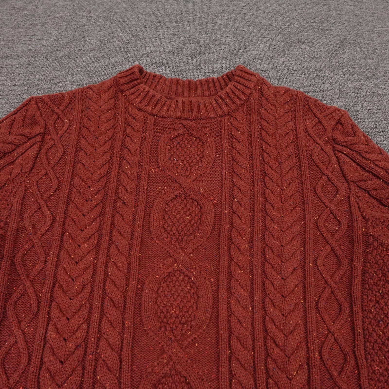 LL Bean Sweater Mens Small Brown Cable Knit Organic Cotton Crewneck Fisherman - Thumbnail 2