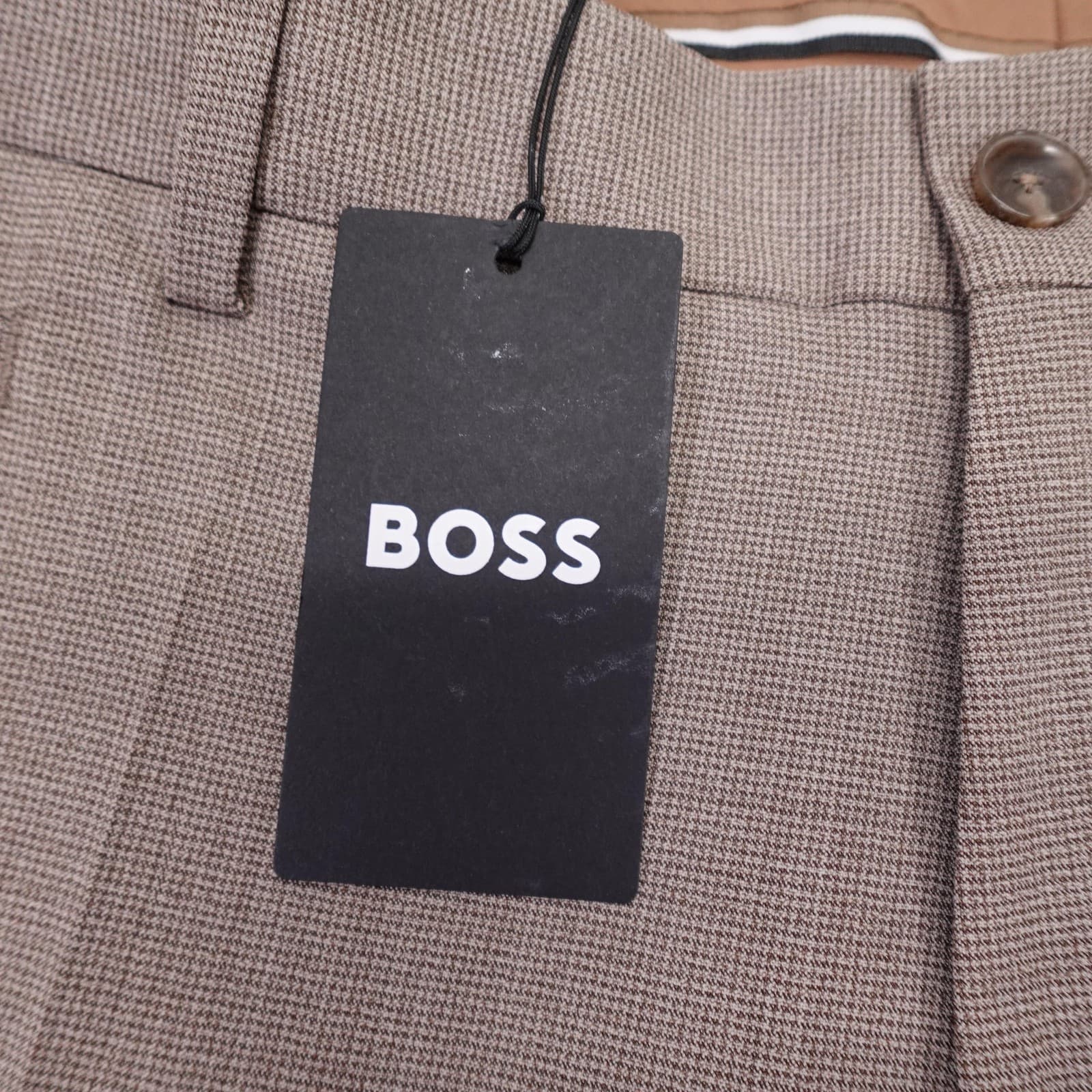 Boss Pants Mens 38x34 Beige Virgin Wool Check Flat Front Lined Dress Formal - Thumbnail 3