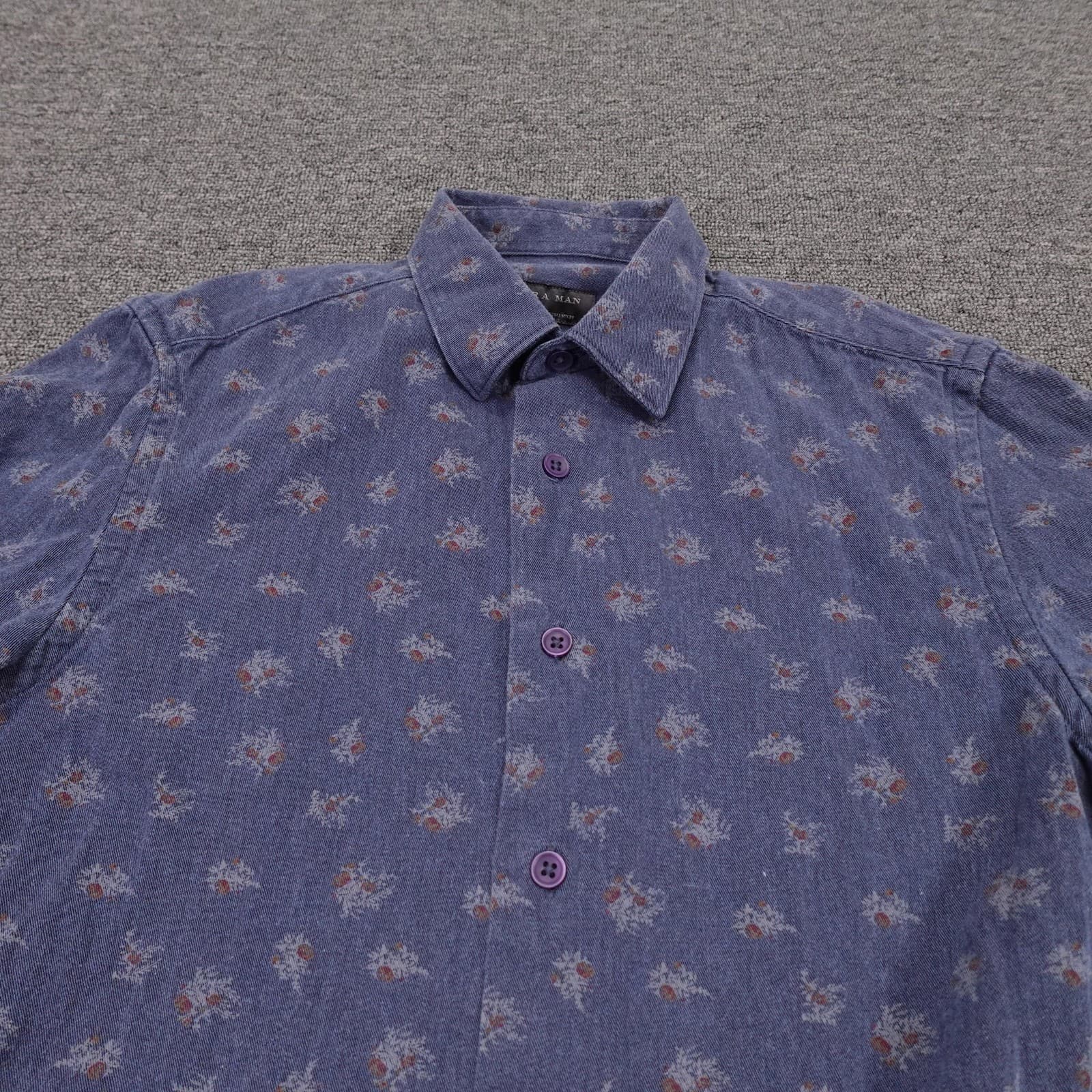 Zara Man Shirt Mens Small Blue Floral Long Sleeve Button Up Slim Fit Casual - Thumbnail 2