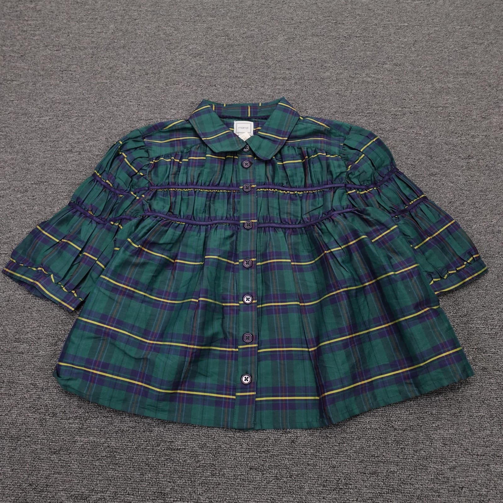 Maeve Blouse Womens Medium Green Plaid Short Puff Sleeve Button Front Ruffle Top