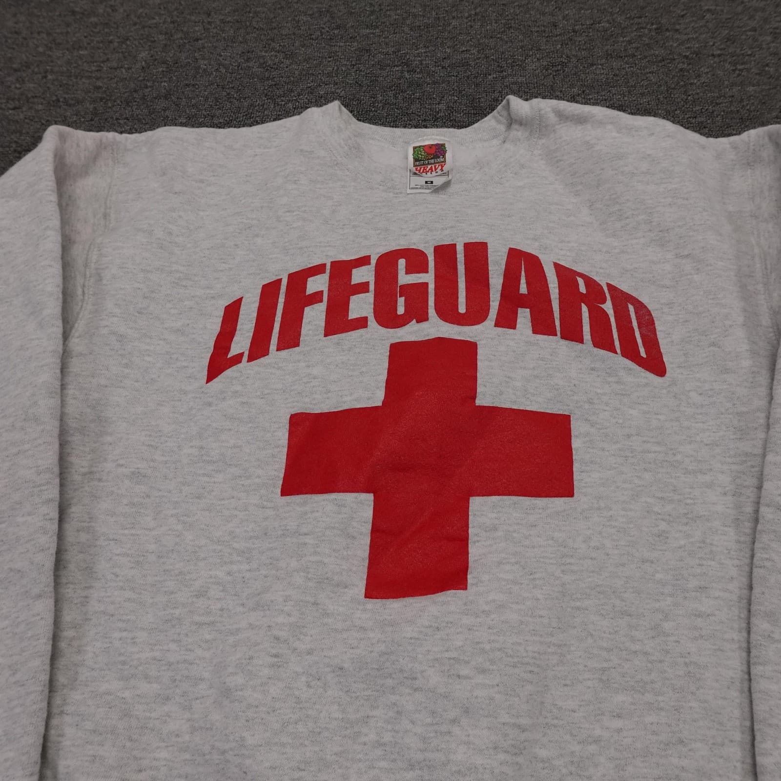 Vintage Fruit Of The Loom Sweatshirt Mens Medium Gray Lifeguard Graphic 90s - Thumbnail 2