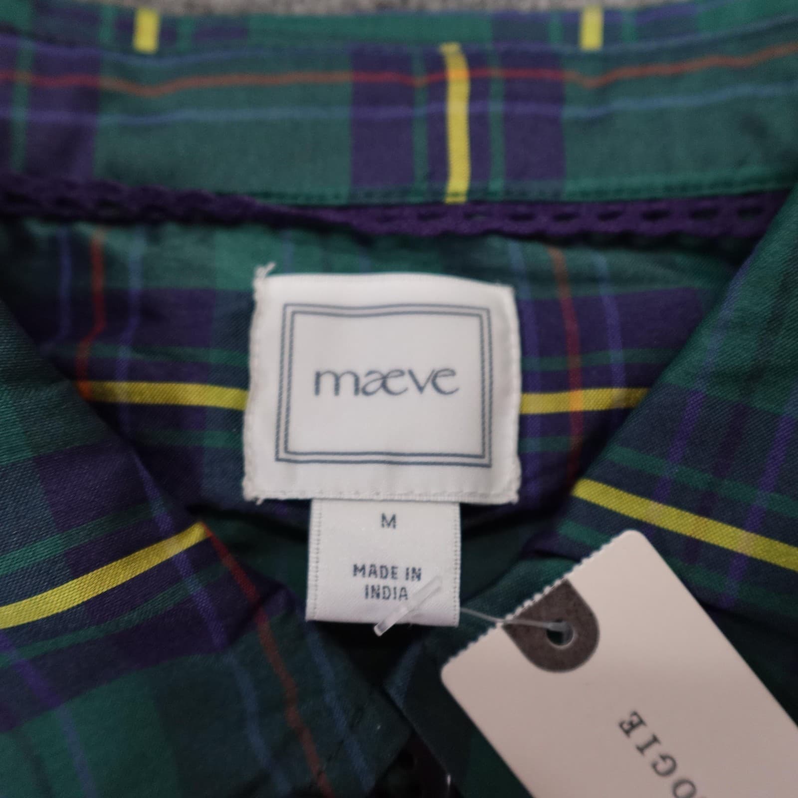 Maeve Blouse Womens Medium Green Plaid Short Puff Sleeve Button Front Ruffle Top - Thumbnail 3