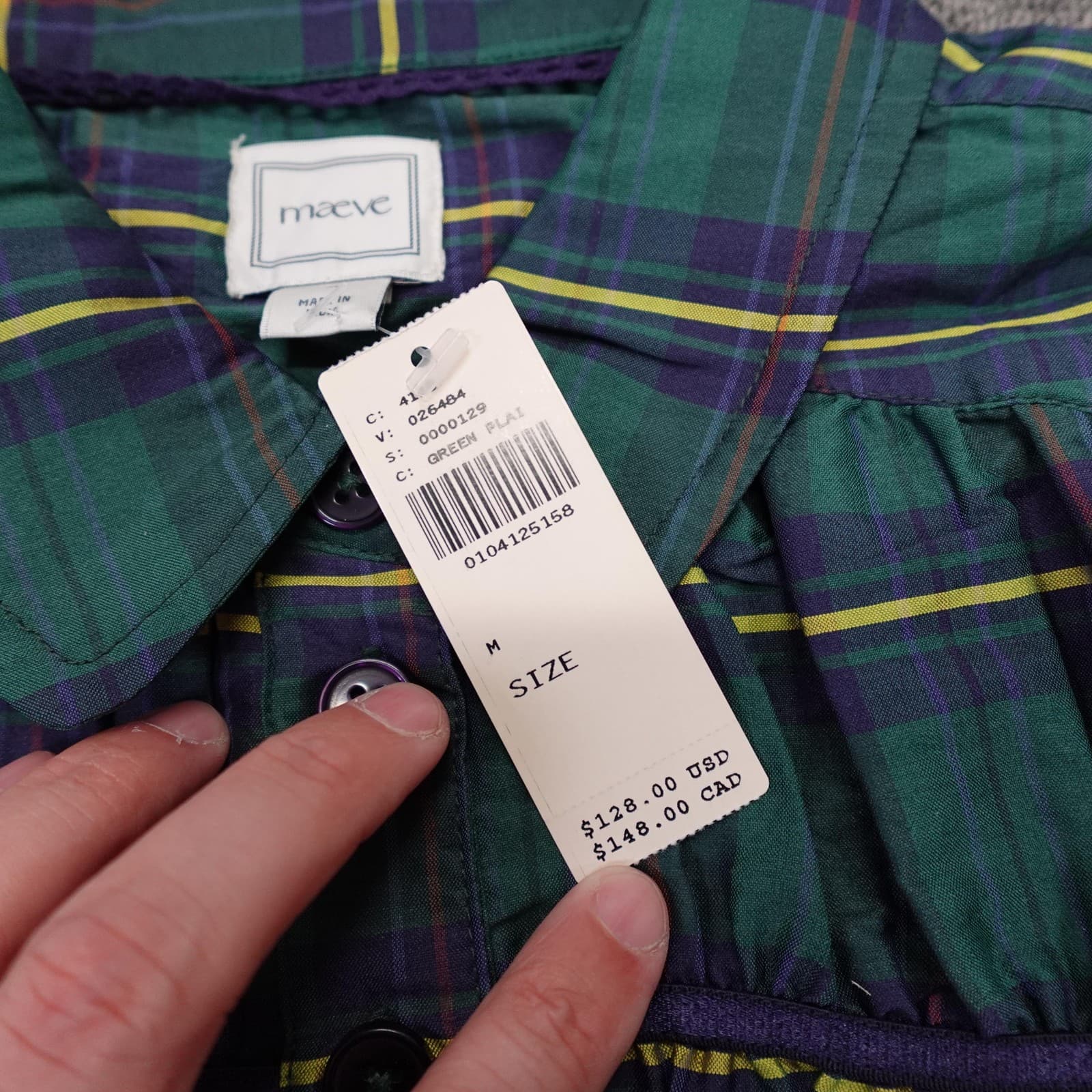Maeve Blouse Womens Medium Green Plaid Short Puff Sleeve Button Front Ruffle Top - Thumbnail 4