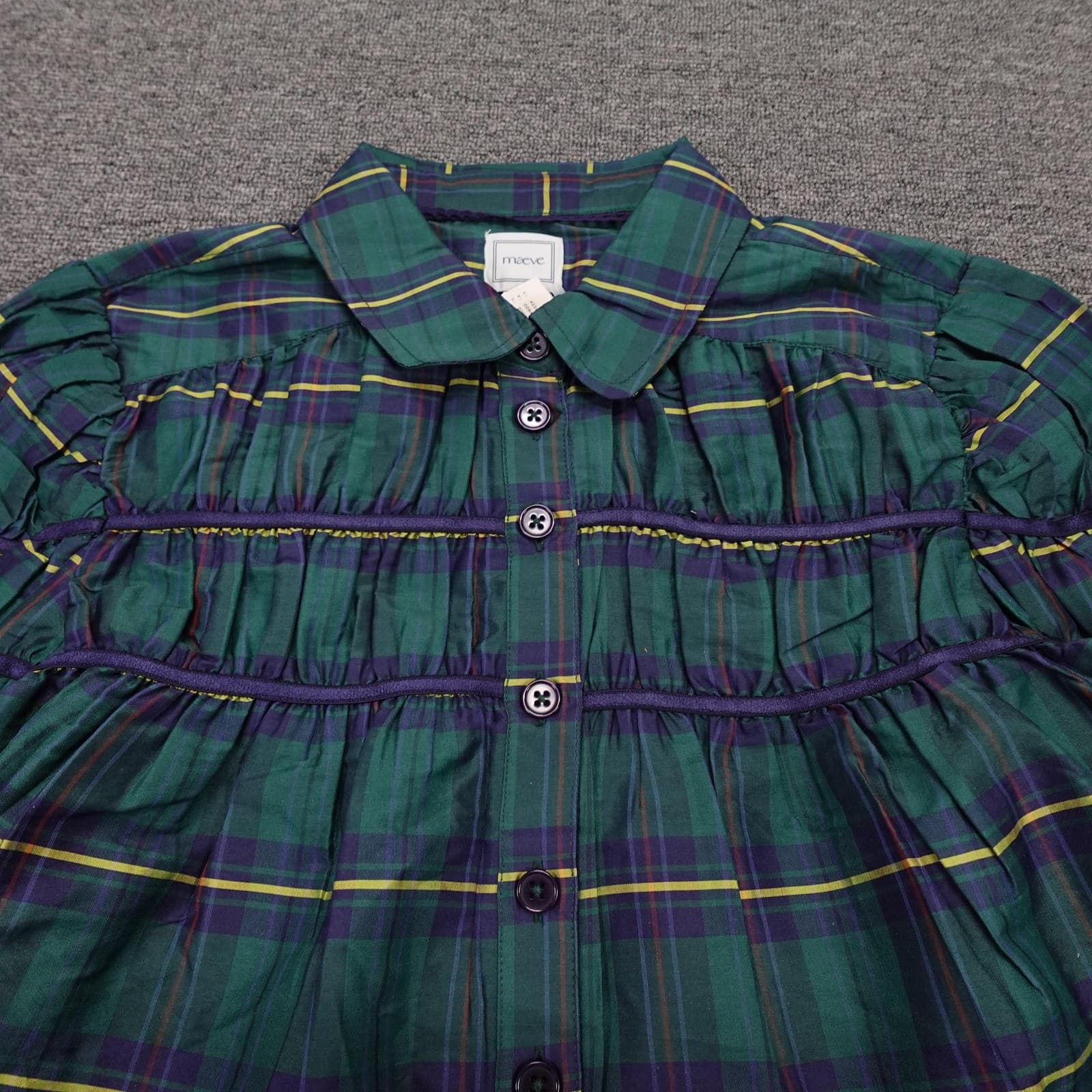 Maeve Blouse Womens Medium Green Plaid Short Puff Sleeve Button Front Ruffle Top - Thumbnail 2