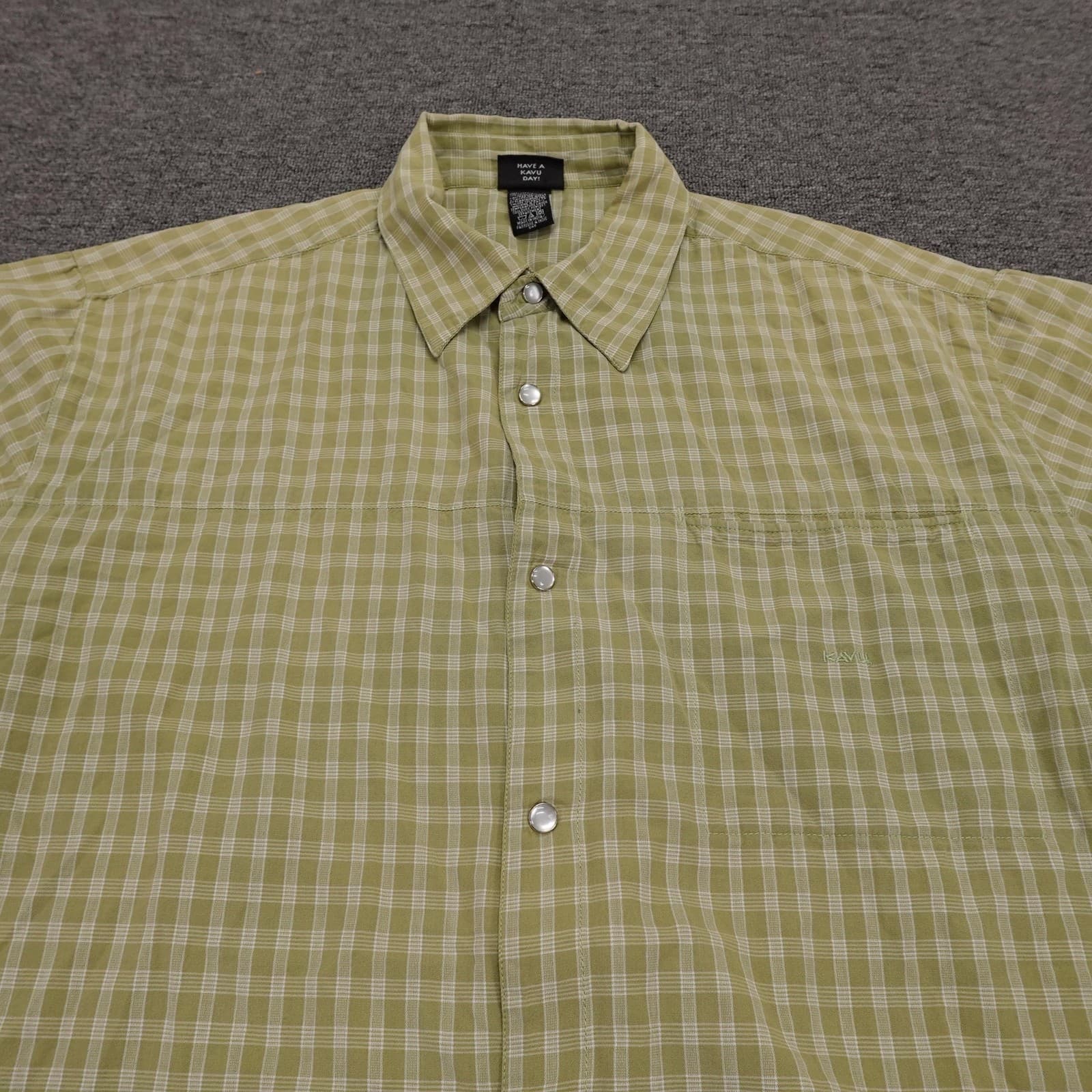 KAVU Shirt Mens Large Green Check Short Sleeve Button Up Casual Cotton Summer - Thumbnail 2