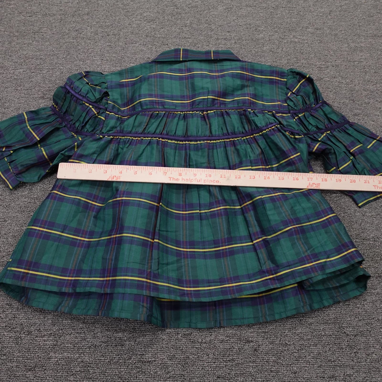 Maeve Blouse Womens Medium Green Plaid Short Puff Sleeve Button Front Ruffle Top - Thumbnail 5
