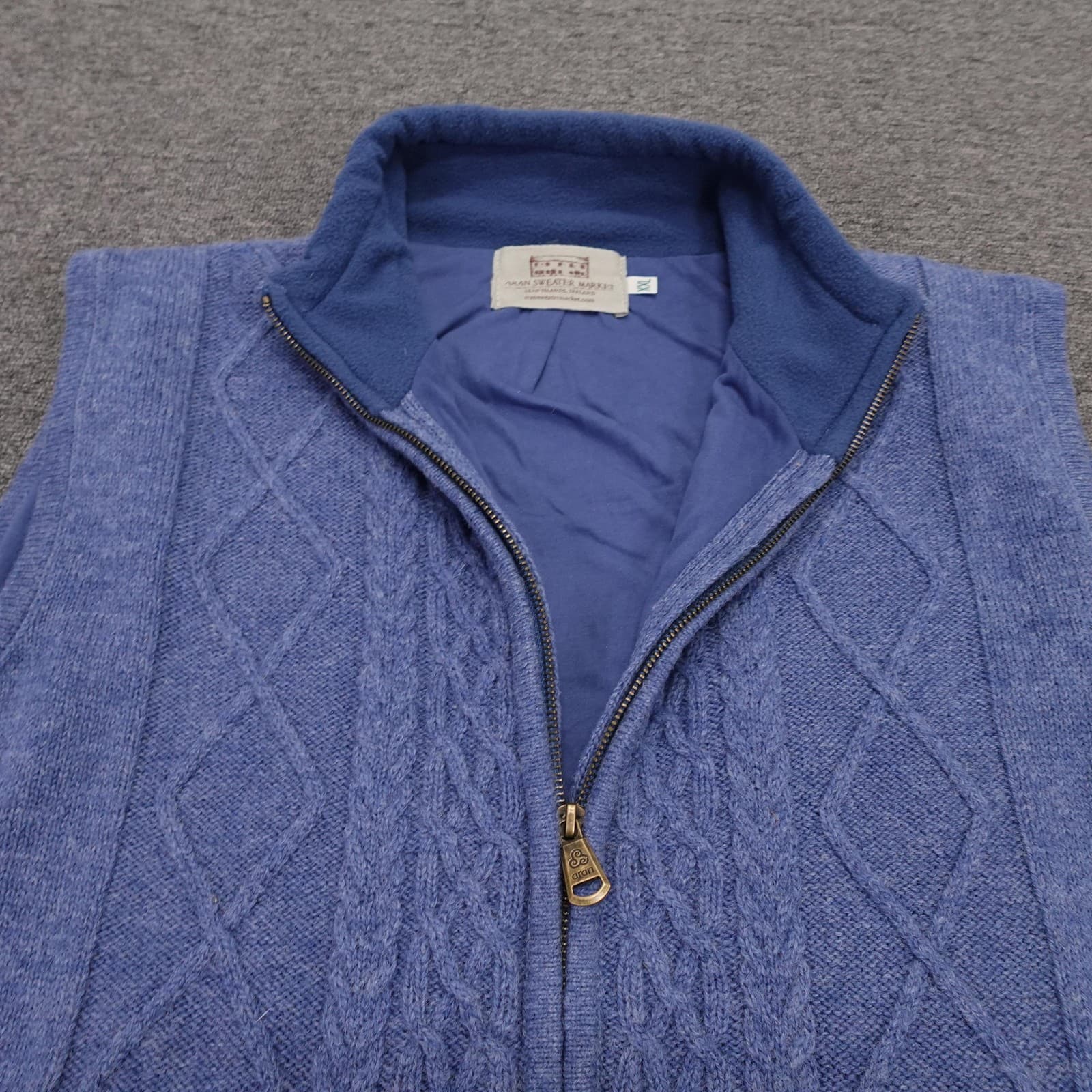 Aran Sweater Market Vest Mens 2XL Blue Wool Full Zip Cable Knit Lined Ireland - Thumbnail 4
