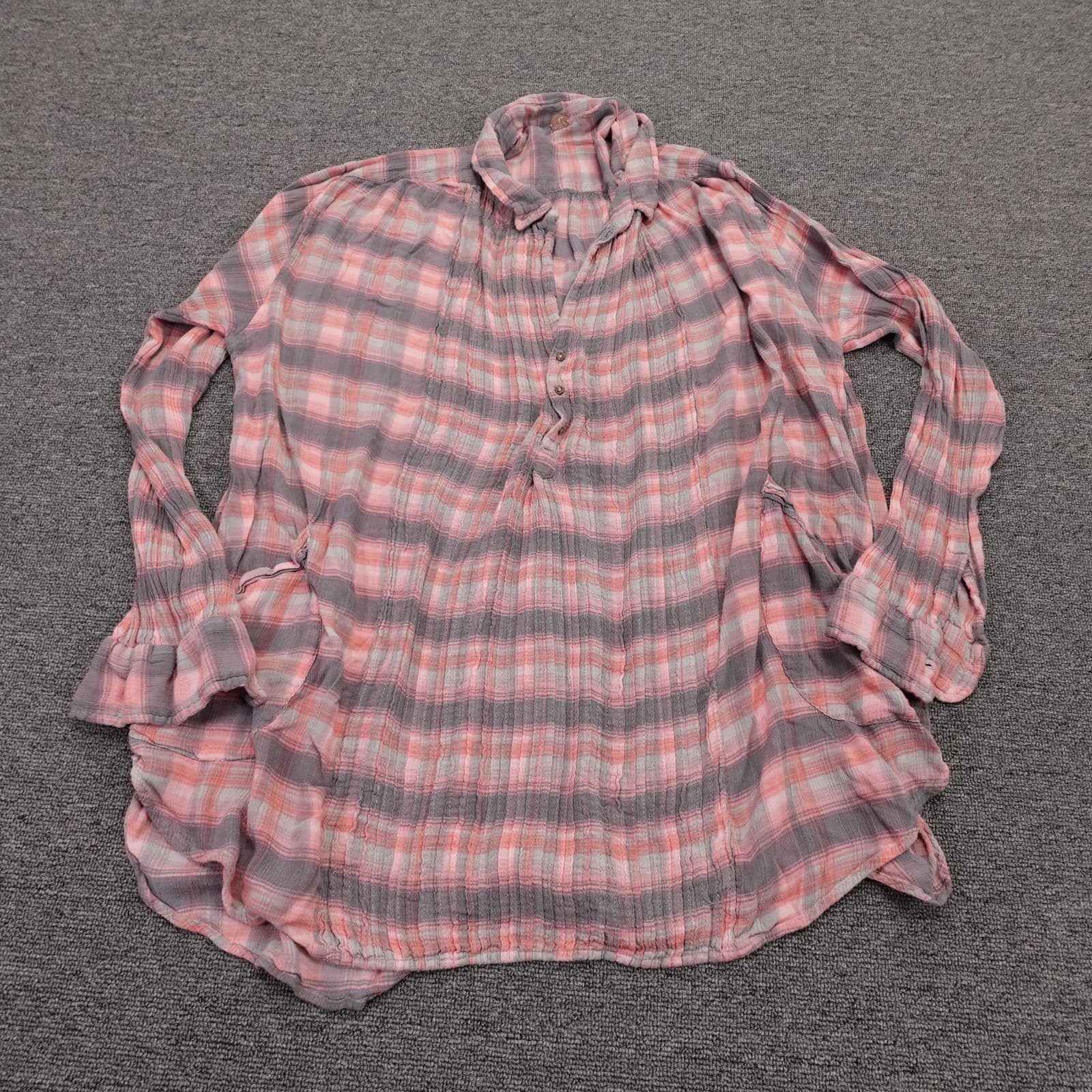 FP One Blouse Womens Large Pink Plaid Viscose Henley Tunic Long Sleeve Top