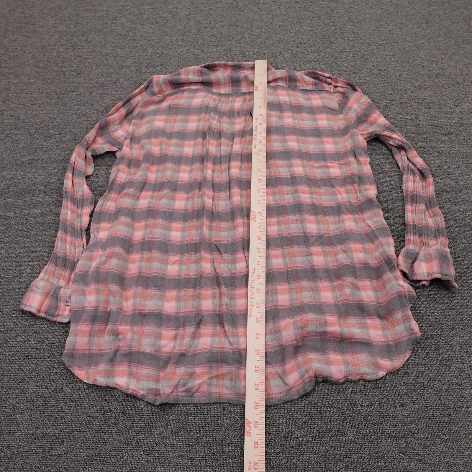 FP One Blouse Womens Large Pink Plaid Viscose Henley Tunic Long Sleeve Top - Thumbnail 6