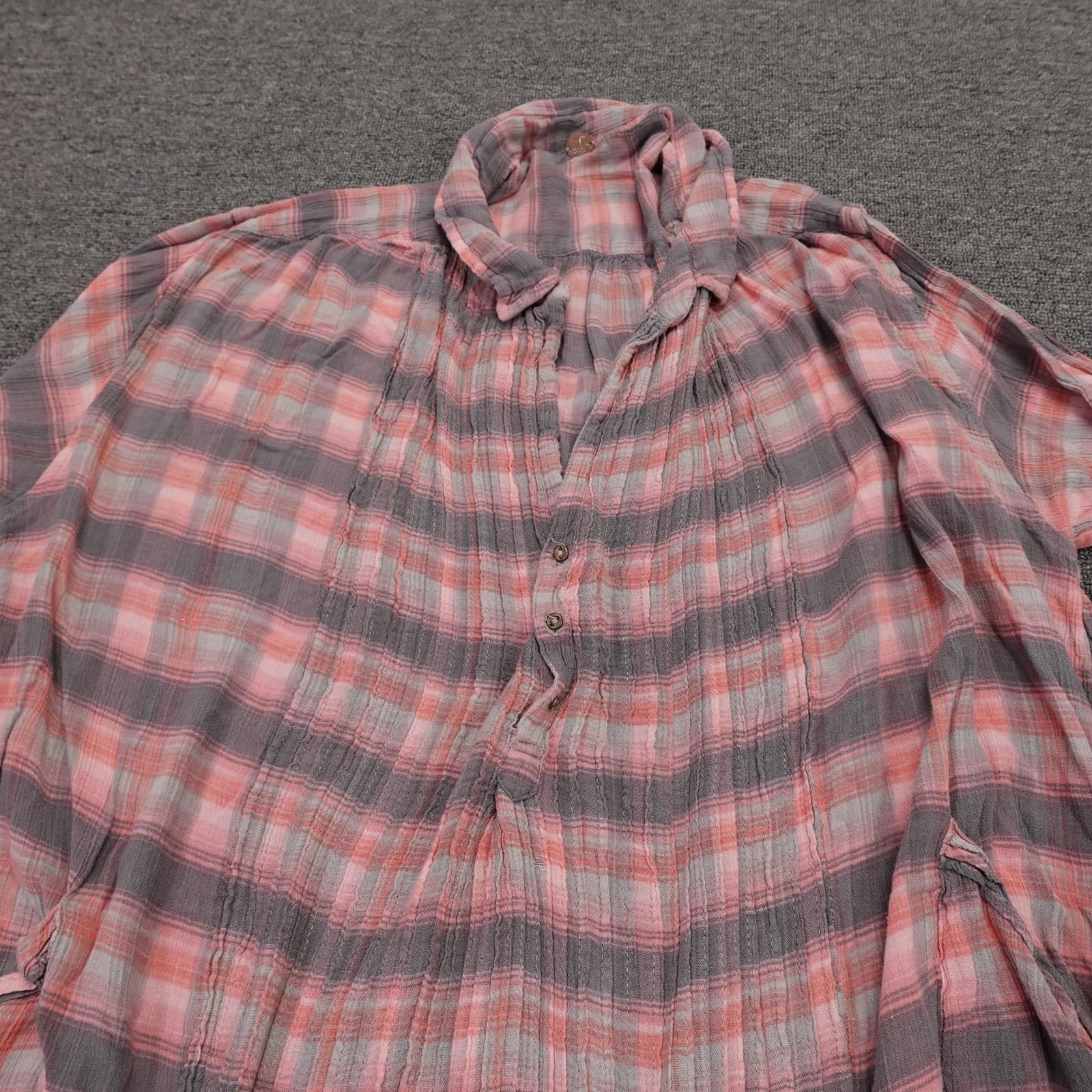 FP One Blouse Womens Large Pink Plaid Viscose Henley Tunic Long Sleeve Top - Thumbnail 2