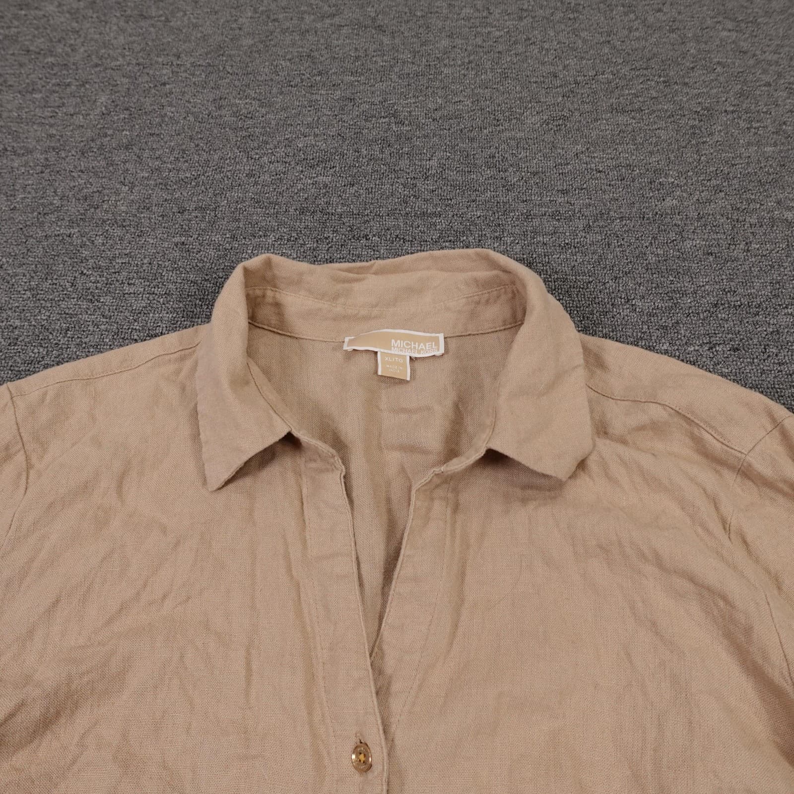 MICHAEL Michael Kors Button Up Shirt Womens XL Beige Linen Collared Long Sleeve - Thumbnail 2